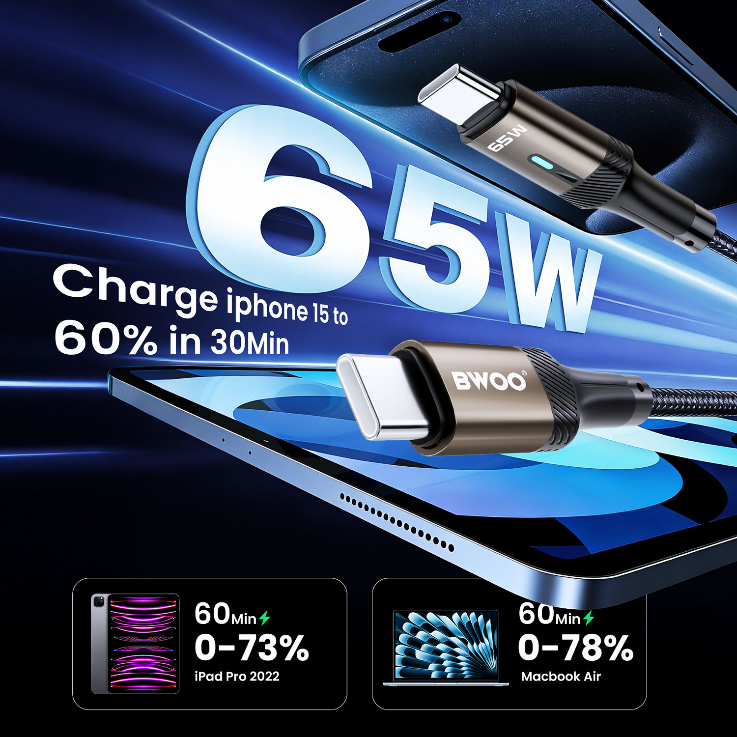 Cable - BWOO Nylon Type C To Type-C Black 65W — cable (foto 2 de 4)
