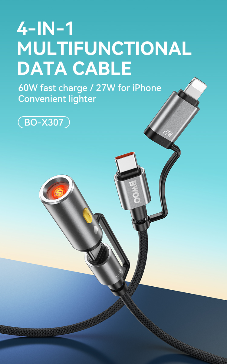 Cable - BWOO USB-C Cable 4-in-1 Lightning Cable with LED Light 60W/27W Grey
