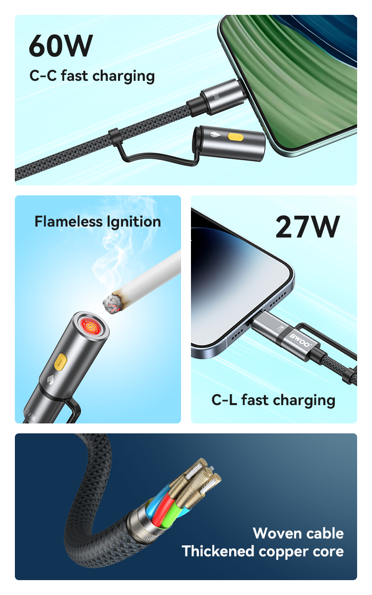 Cable - BWOO USB-C Cable 4-in-1 Lightning Cable with LED Light 60W/27W Grey — cable (foto 2 de 7)