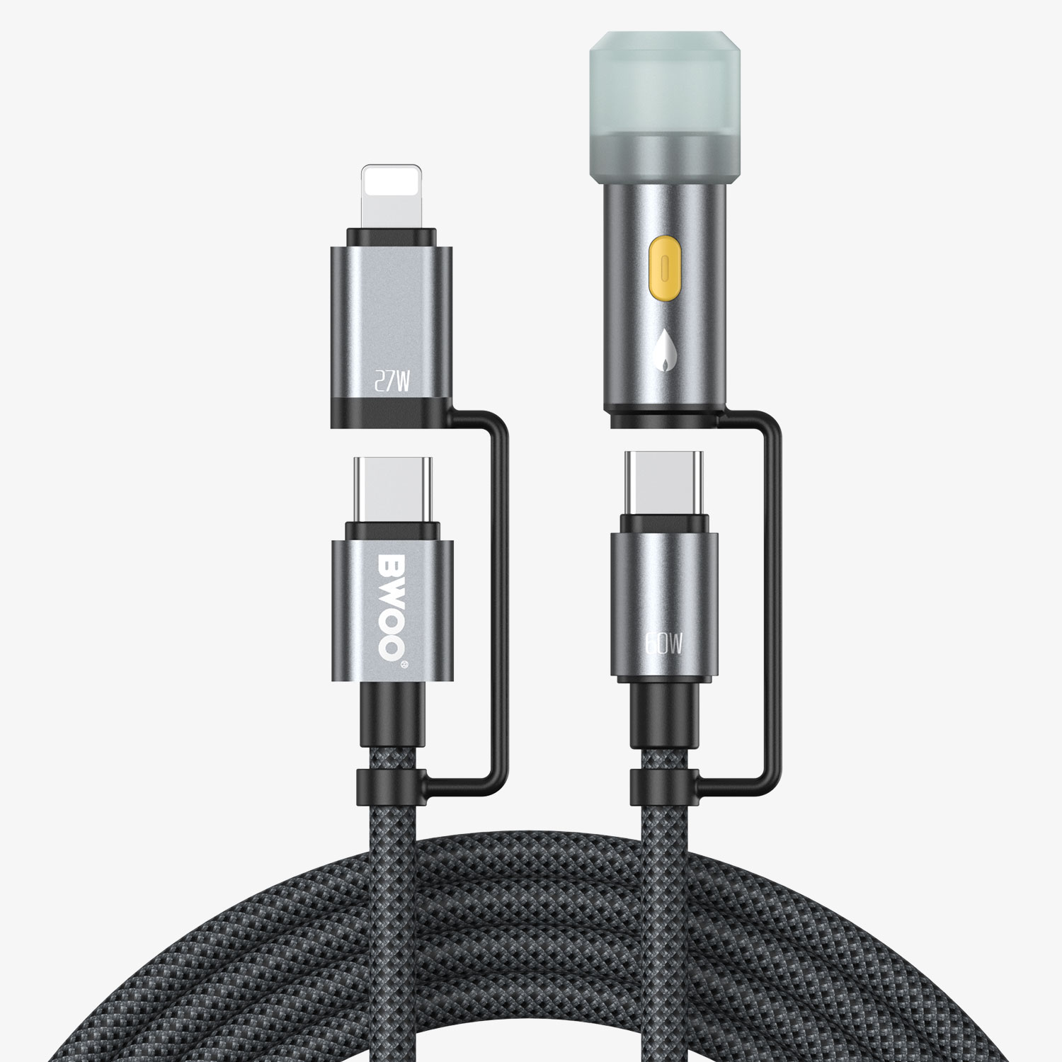 Cable - BWOO USB-C Cable 4-in-1 Lightning Cable with LED Light 60W/27W Grey — cable (foto 5 de 7)