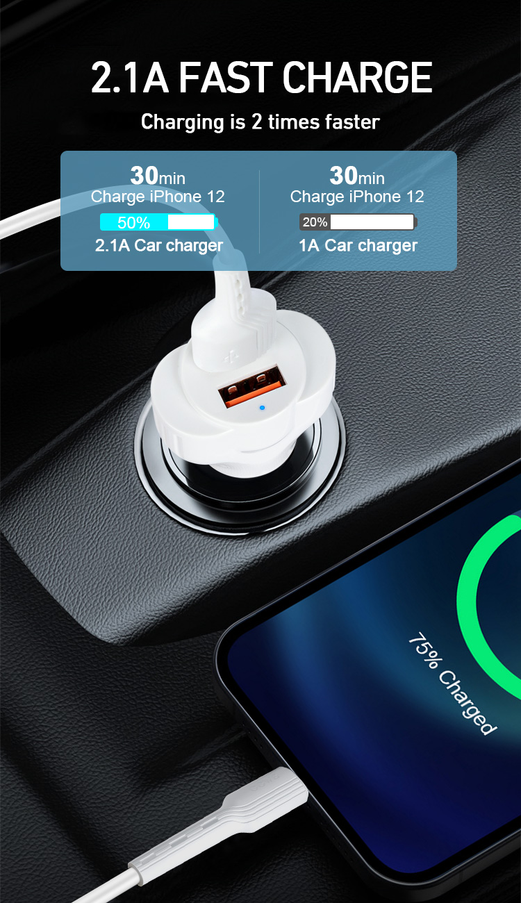 Car Charger - BWOO 2USB With Cable Lightning White — cargador (foto 3 de 7)