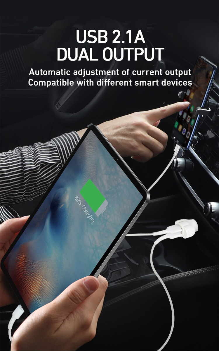 Car Charger - BWOO 2USB With Cable Type-C White — cargador (foto 5 de 7)