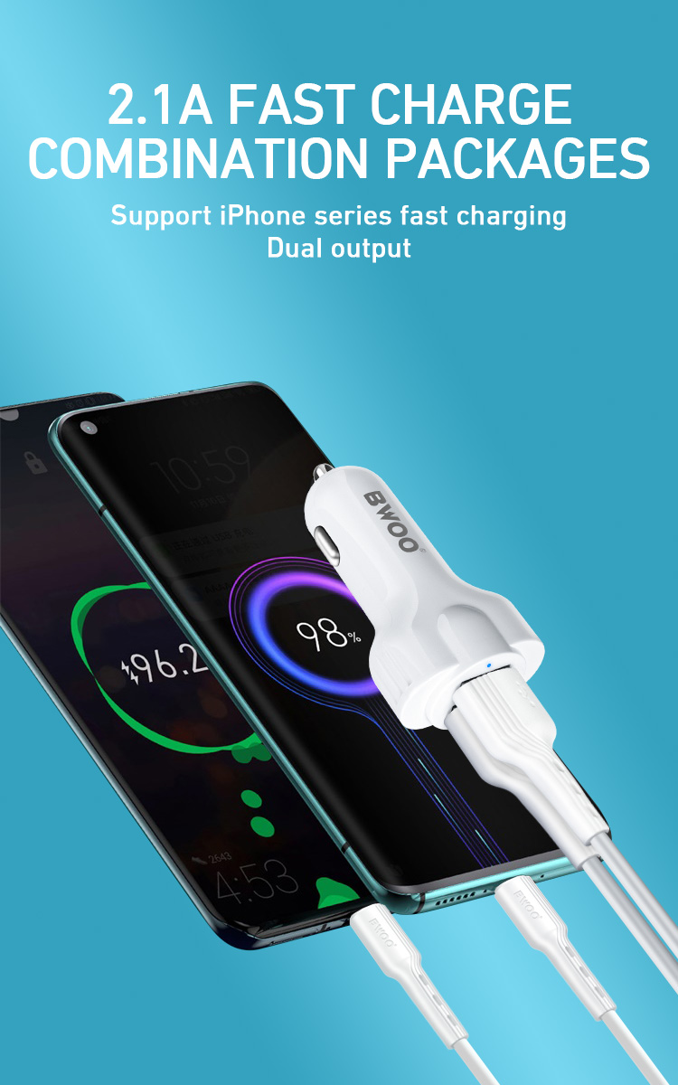Cargador Auto - BWOO 2USB With Cable Type-C White