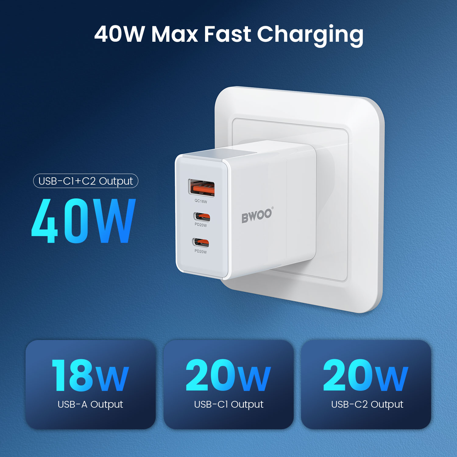 Cubo - BWOO PC 3 Ports 1 USB 2 Type-C 40W White — cargador (foto 3 de 7)
