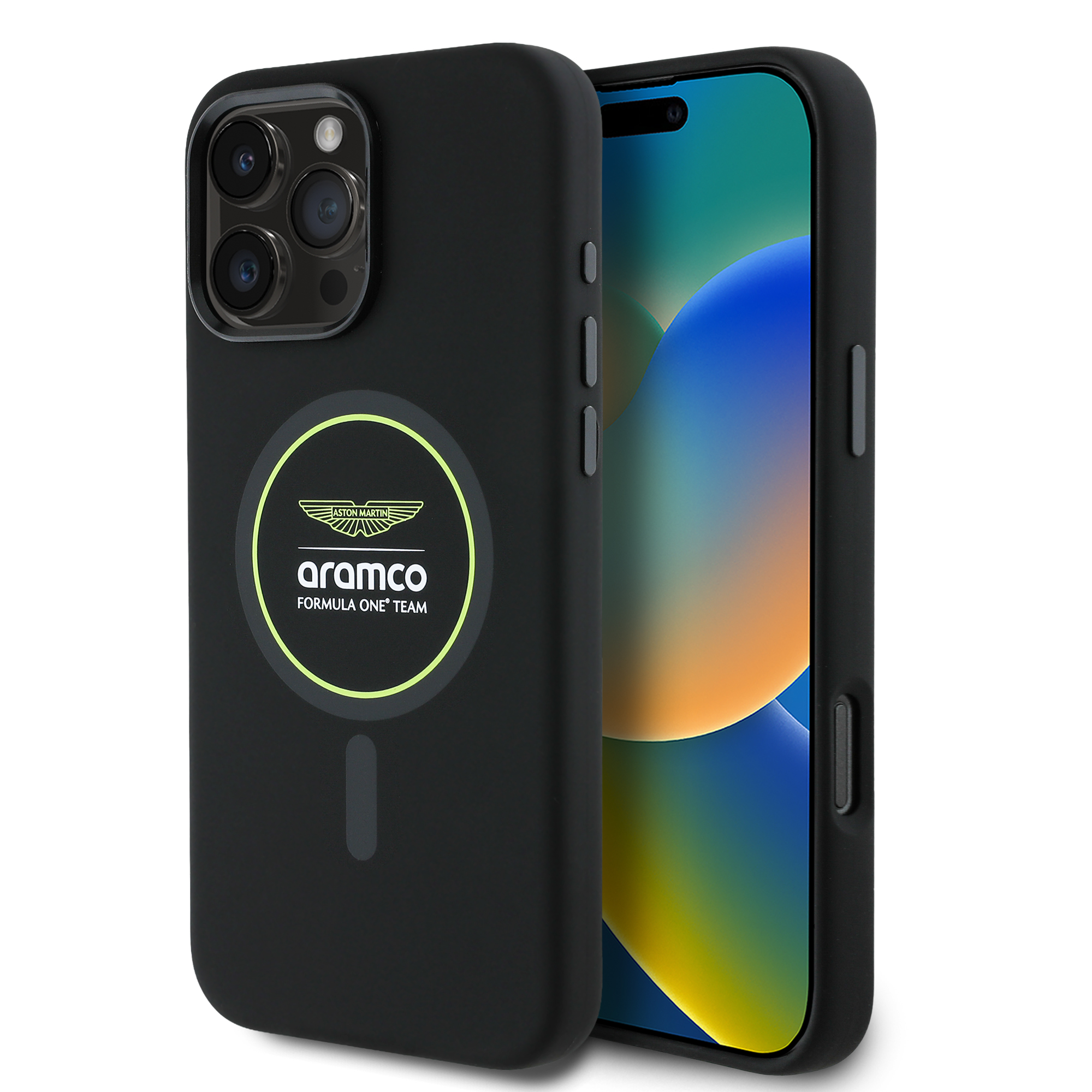 iPhone 16 Pro Max - ASTON MARTIN F1 Silicone Yellow Circle Black — estuche (foto 2 de 8)