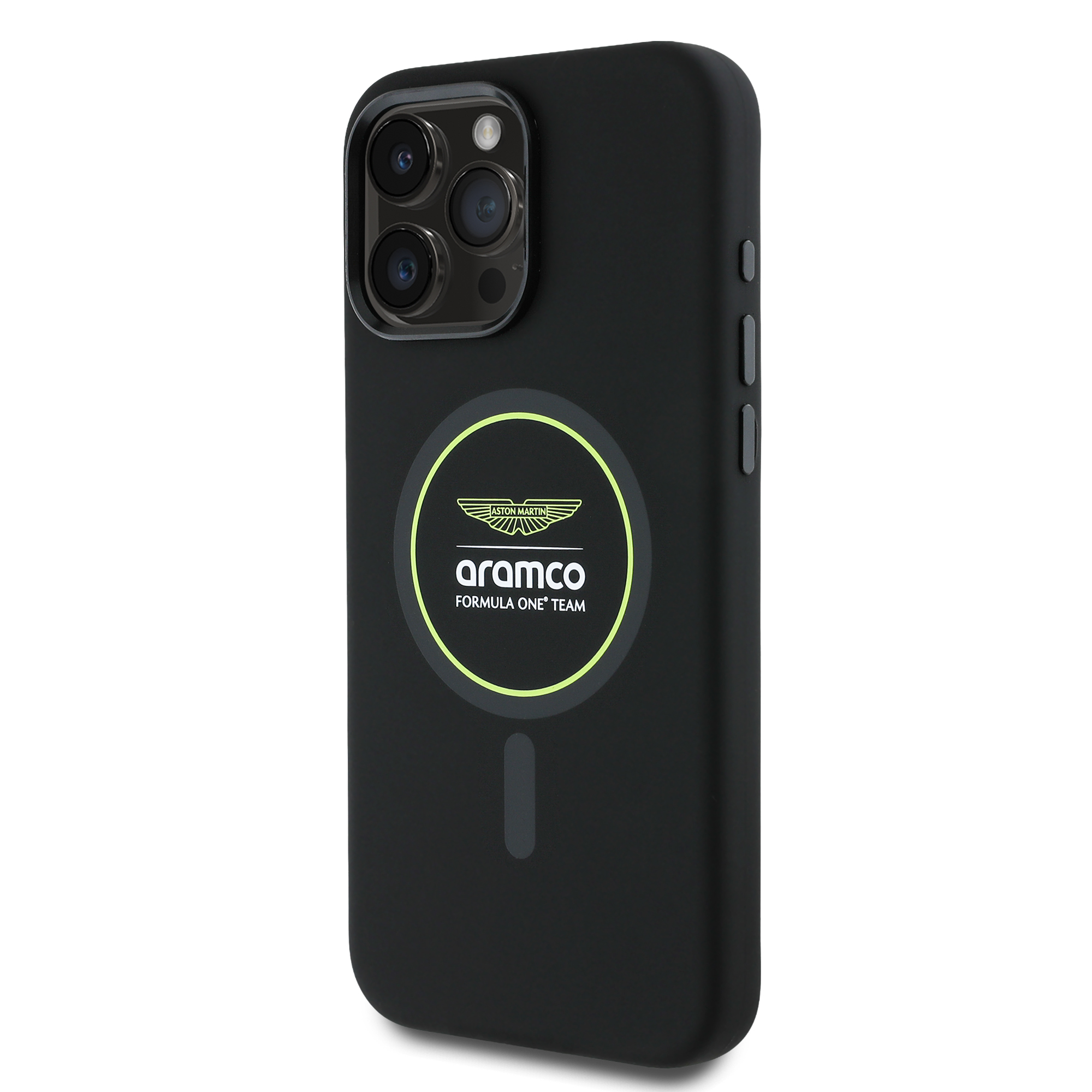 iPhone 16 Pro Max - ASTON MARTIN F1 Silicone Yellow Circle Black — estuche (foto 3 de 8)