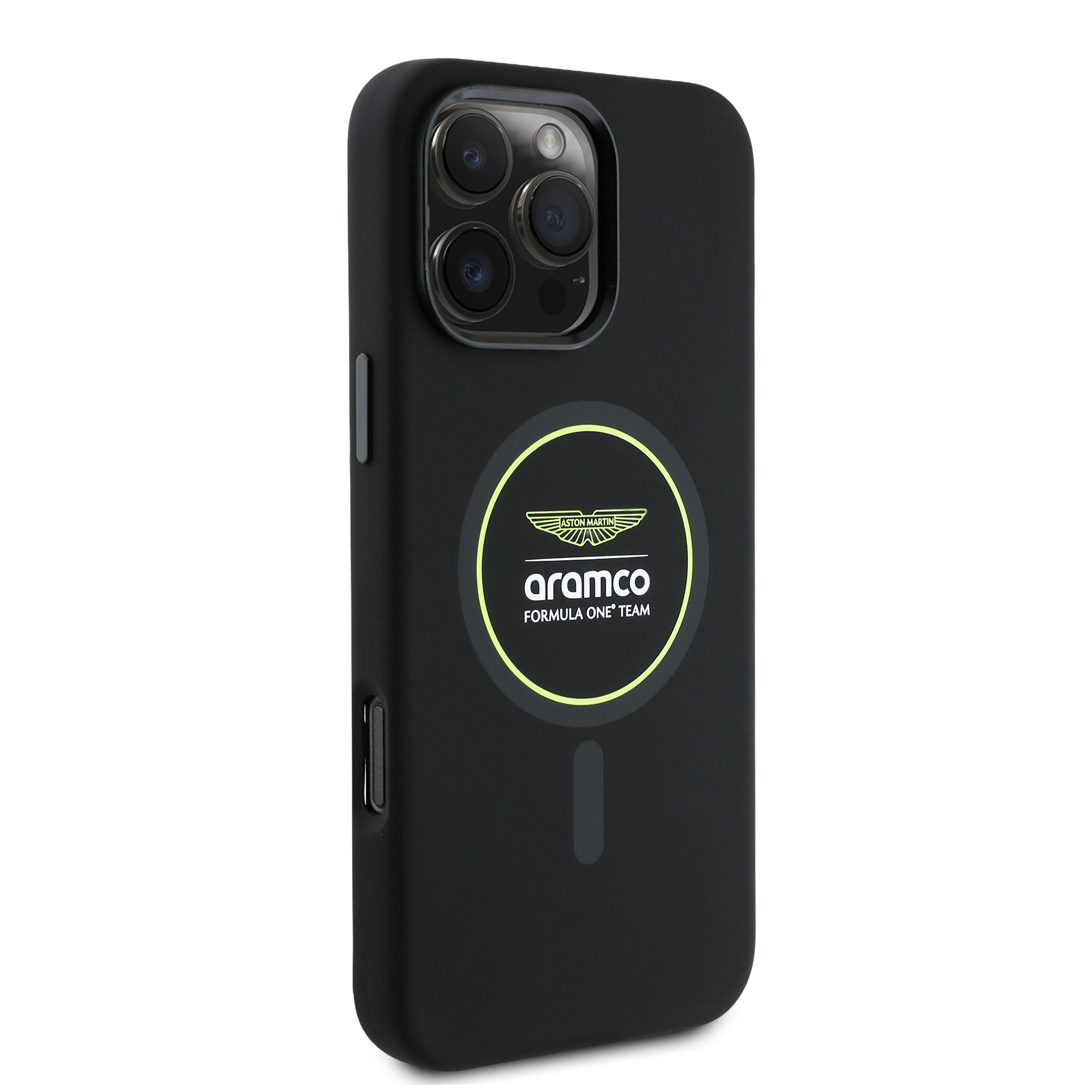 iPhone 16 Pro Max - ASTON MARTIN F1 Silicone Yellow Circle Black — estuche (foto 4 de 8)