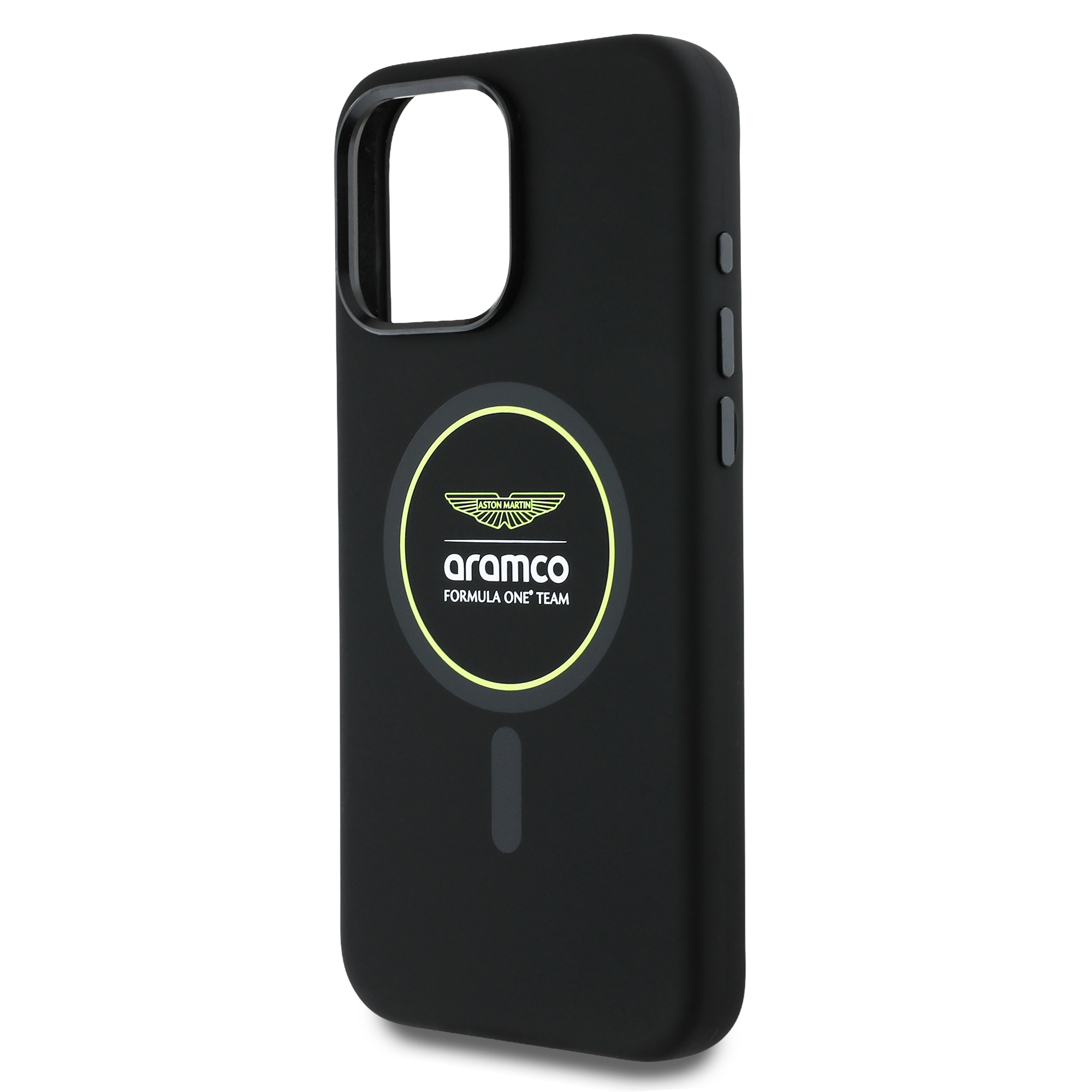 iPhone 16 Pro Max - ASTON MARTIN F1 Silicone Yellow Circle Black — estuche (foto 6 de 8)