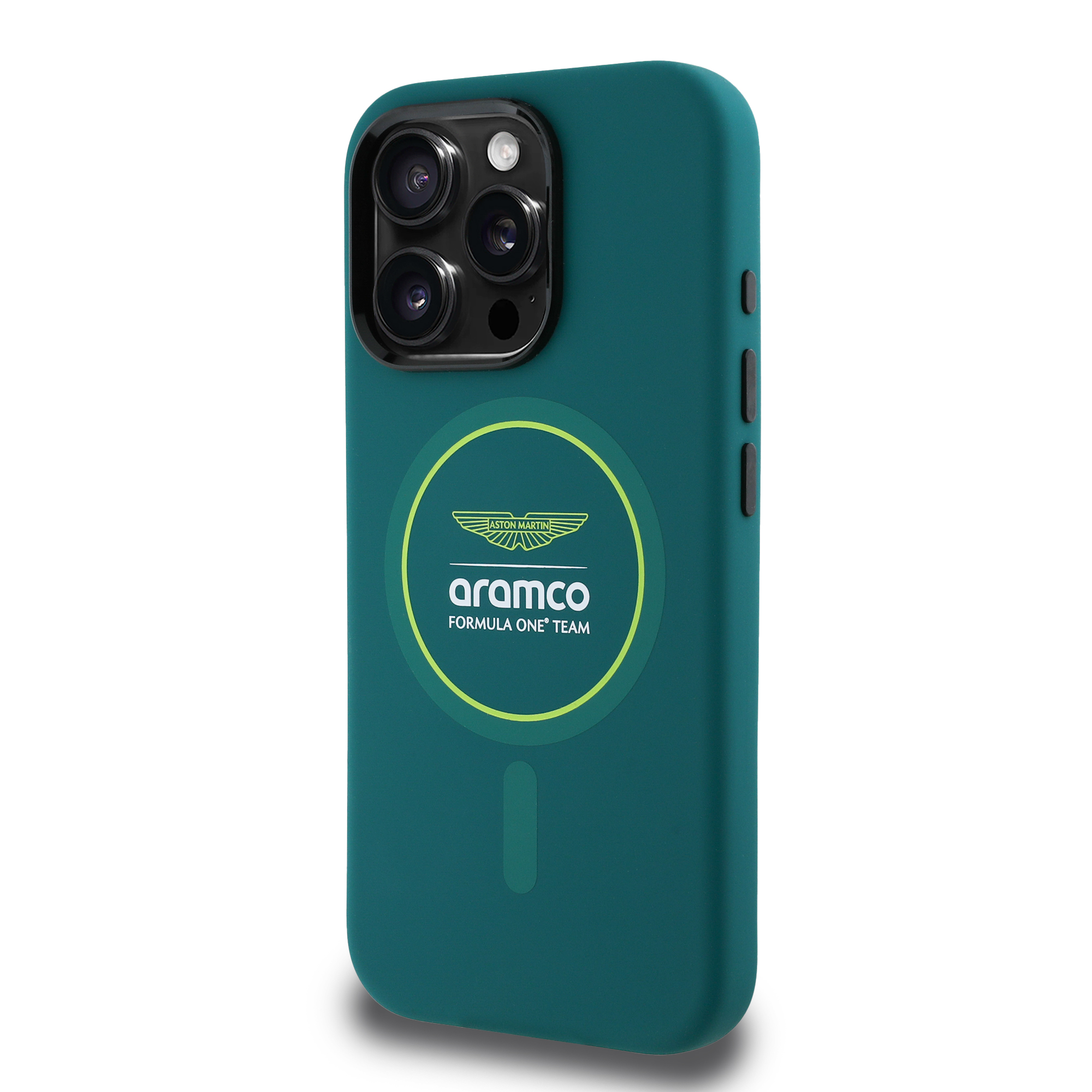 iPhone 16 Pro Max - ASTON MARTIN F1 Silicone Yellow Circle Green — estuche (foto 3 de 8)