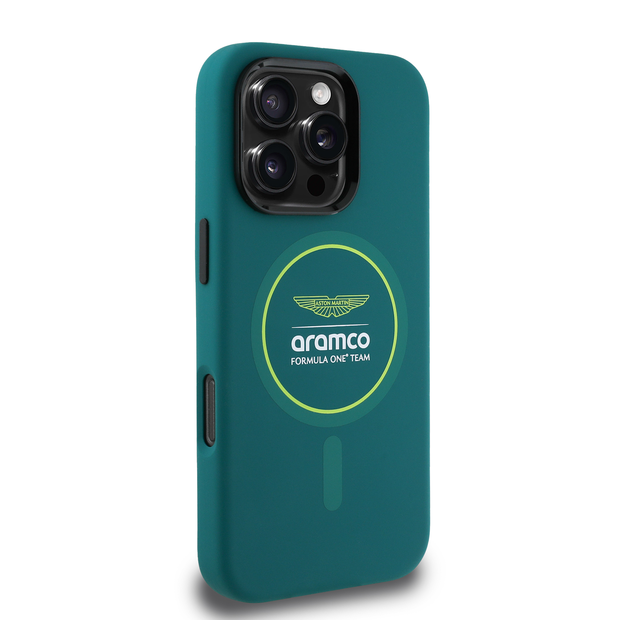 iPhone 16 Pro Max - ASTON MARTIN F1 Silicone Yellow Circle Green — estuche (foto 4 de 8)