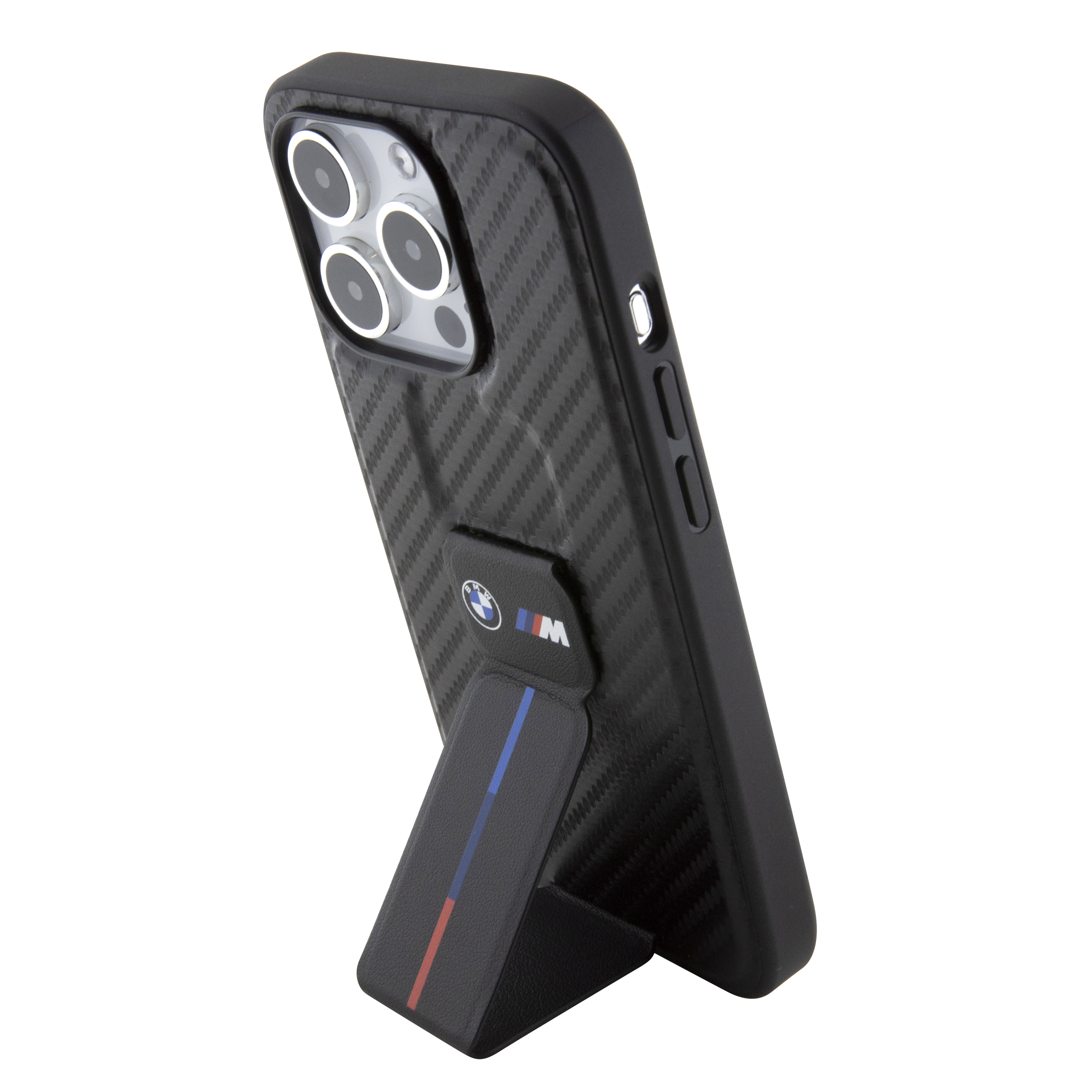 iPhone 15 Pro - BMW PU Leather Black Grip Stand Smooth And Carbon Desing