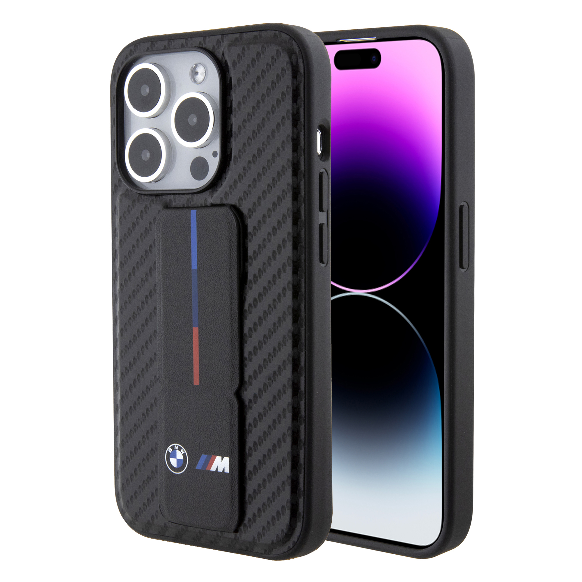 iPhone 15 Pro - BMW PU Leather Black Grip Stand Smooth And Carbon Desing — estuche (foto 2 de 5)