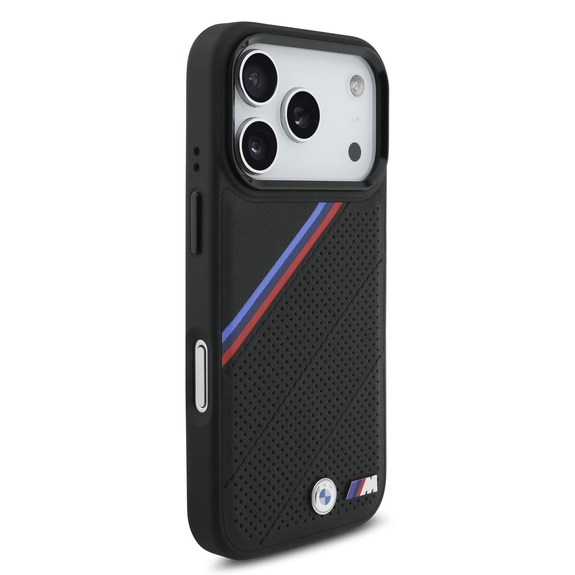 iPhone 17 Pro - BMW Leather Tricolor Slanted Tripes Black — estuche (foto 4 de 5)