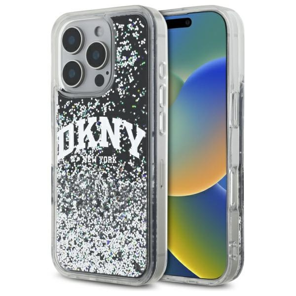 iPhone 16 Pro Max - DKNY Liquid Glitters Arch Logo Black — estuche