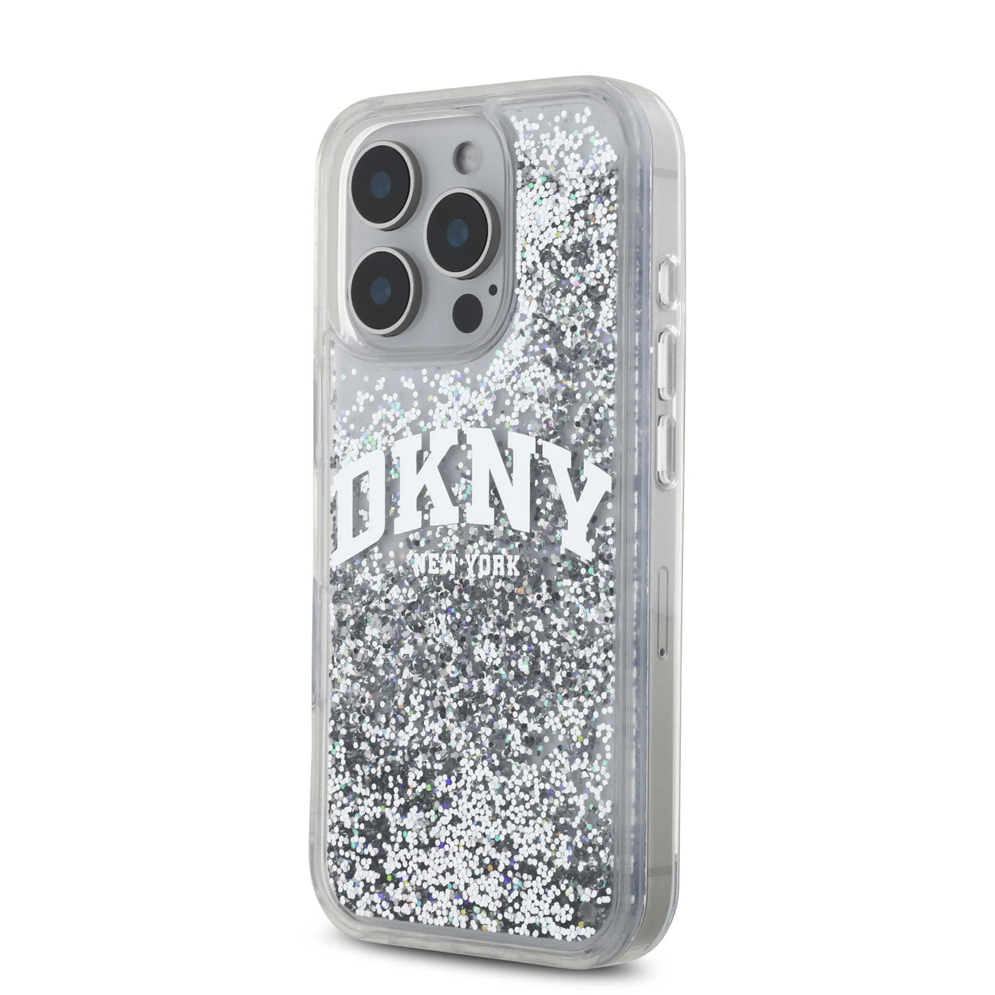 iPhone 16 Pro Max - DKNY Liquid Glitters Arch Logo Silver — estuche (foto 2 de 5)