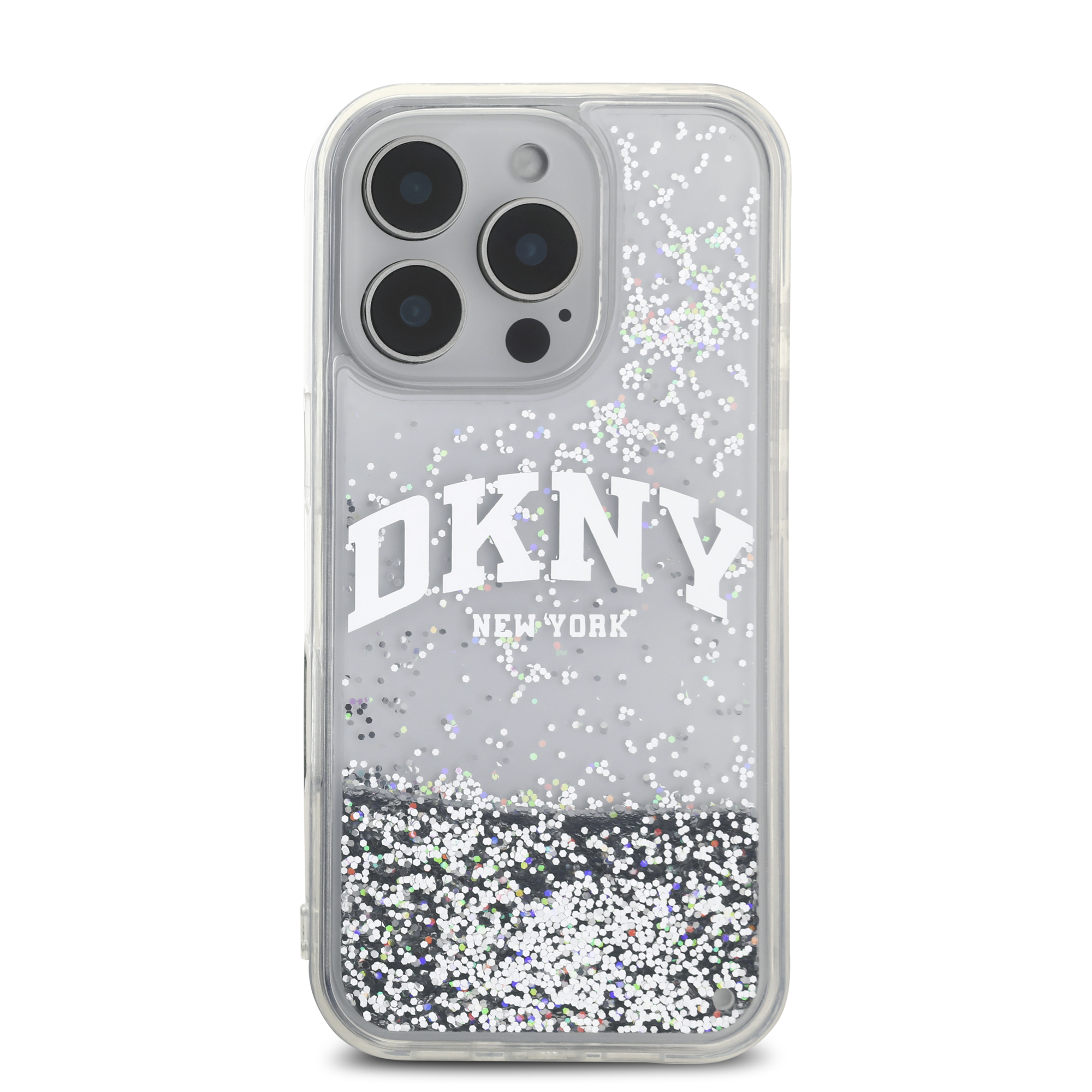 iPhone 16 Pro Max - DKNY Liquid Glitters Arch Logo Silver — estuche (foto 3 de 5)