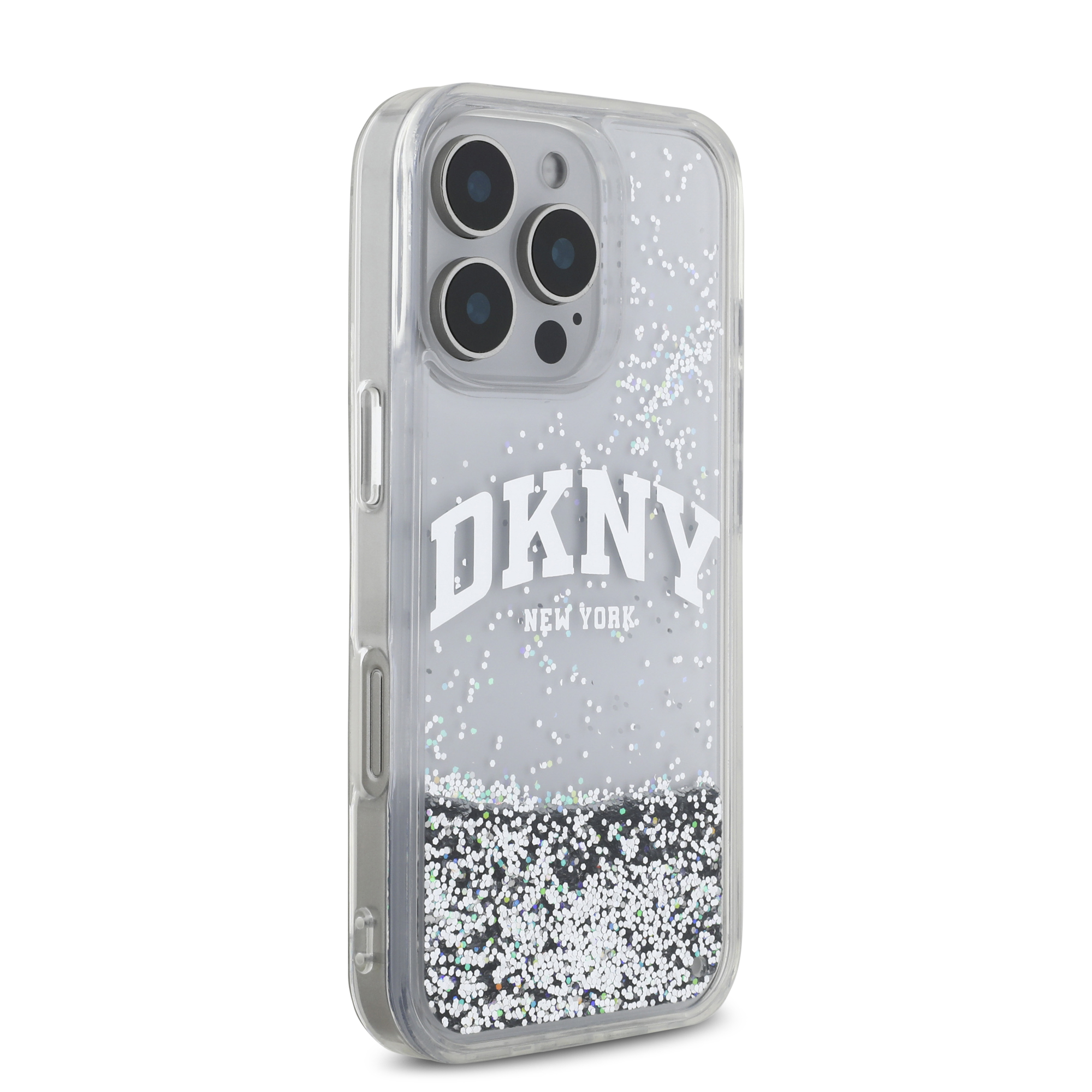 iPhone 16 Pro Max - DKNY Liquid Glitters Arch Logo Silver — estuche (foto 4 de 5)