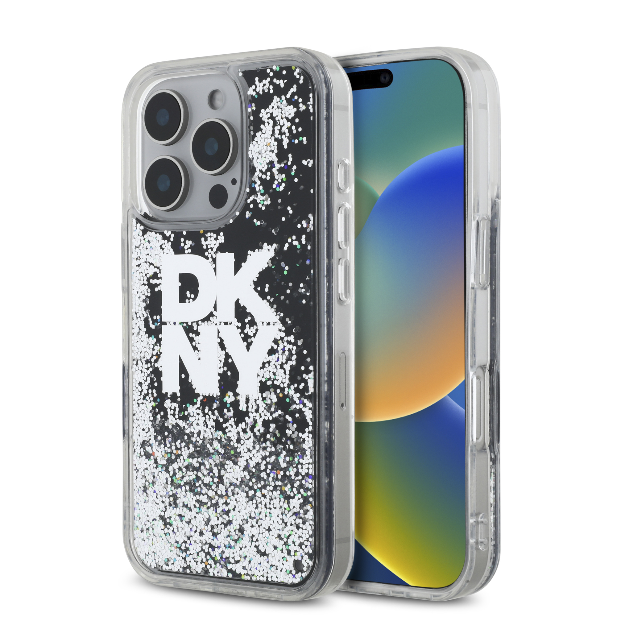 iPhone 16 Pro Max - DKNY Liquid Glitters Stack Logo Black — estuche (foto 2 de 8)