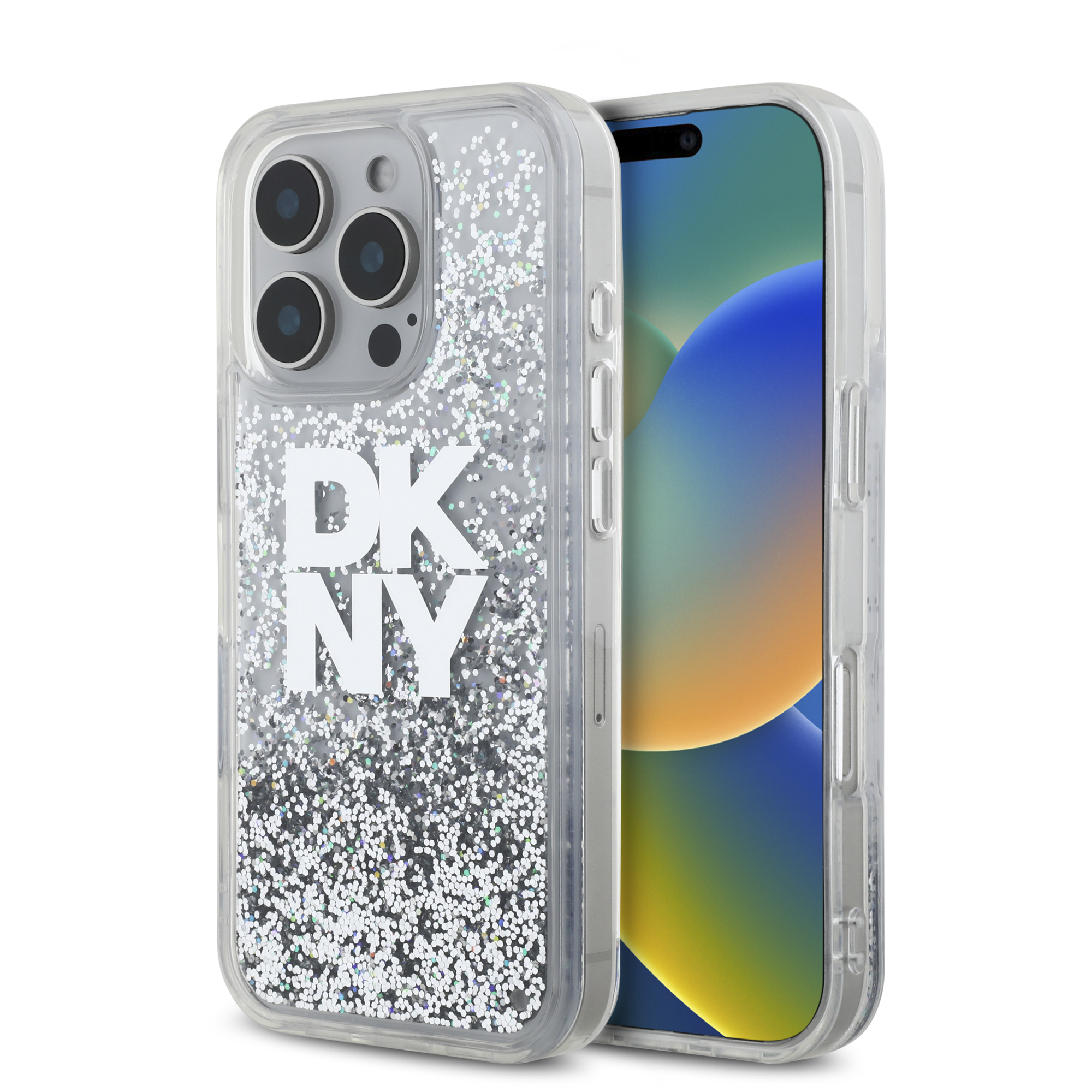 iPhone 16 Pro Max - DKNY Liquid Glitters Stack Logo White — estuche (foto 2 de 8)