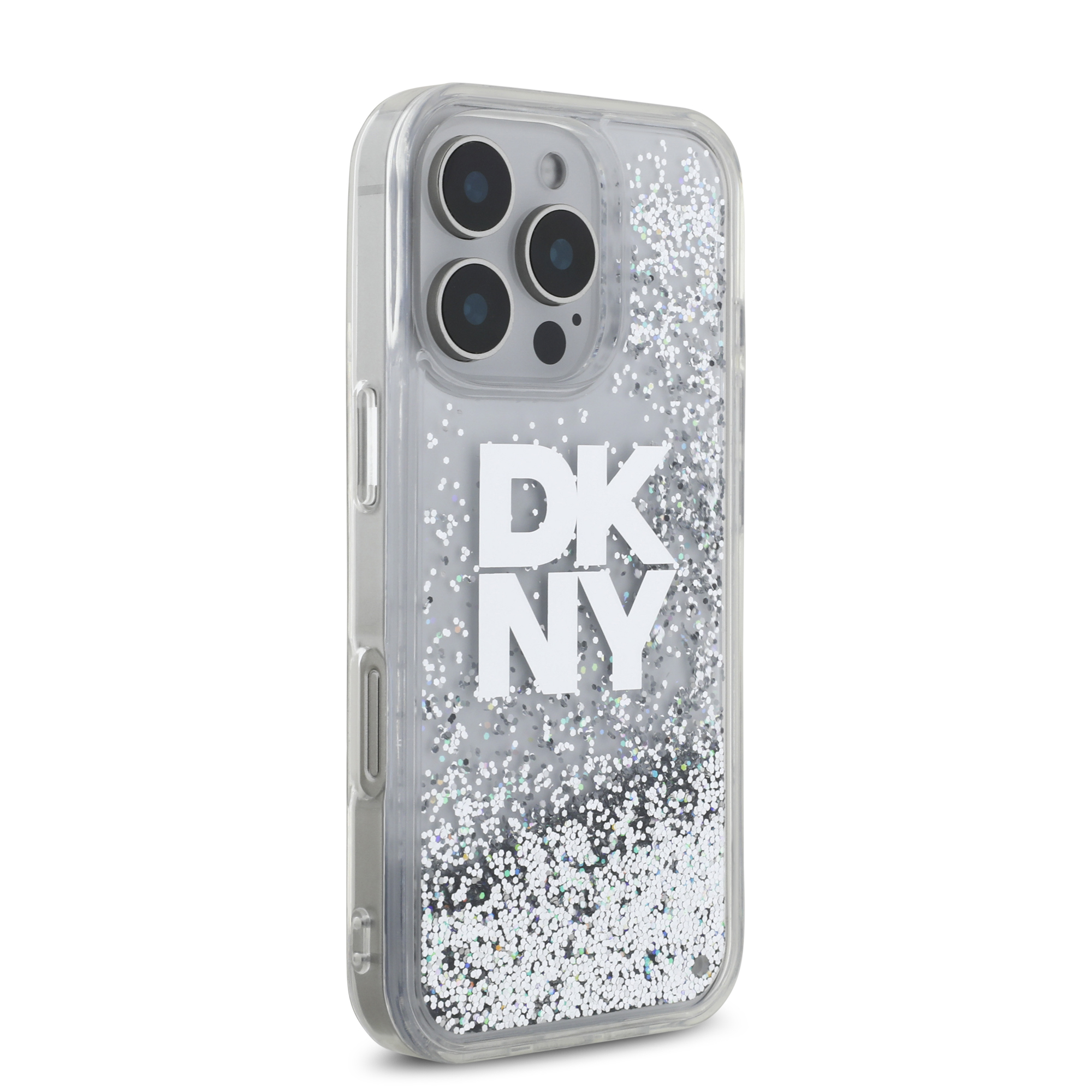 iPhone 16 Pro Max - DKNY Liquid Glitters Stack Logo White — estuche (foto 4 de 8)