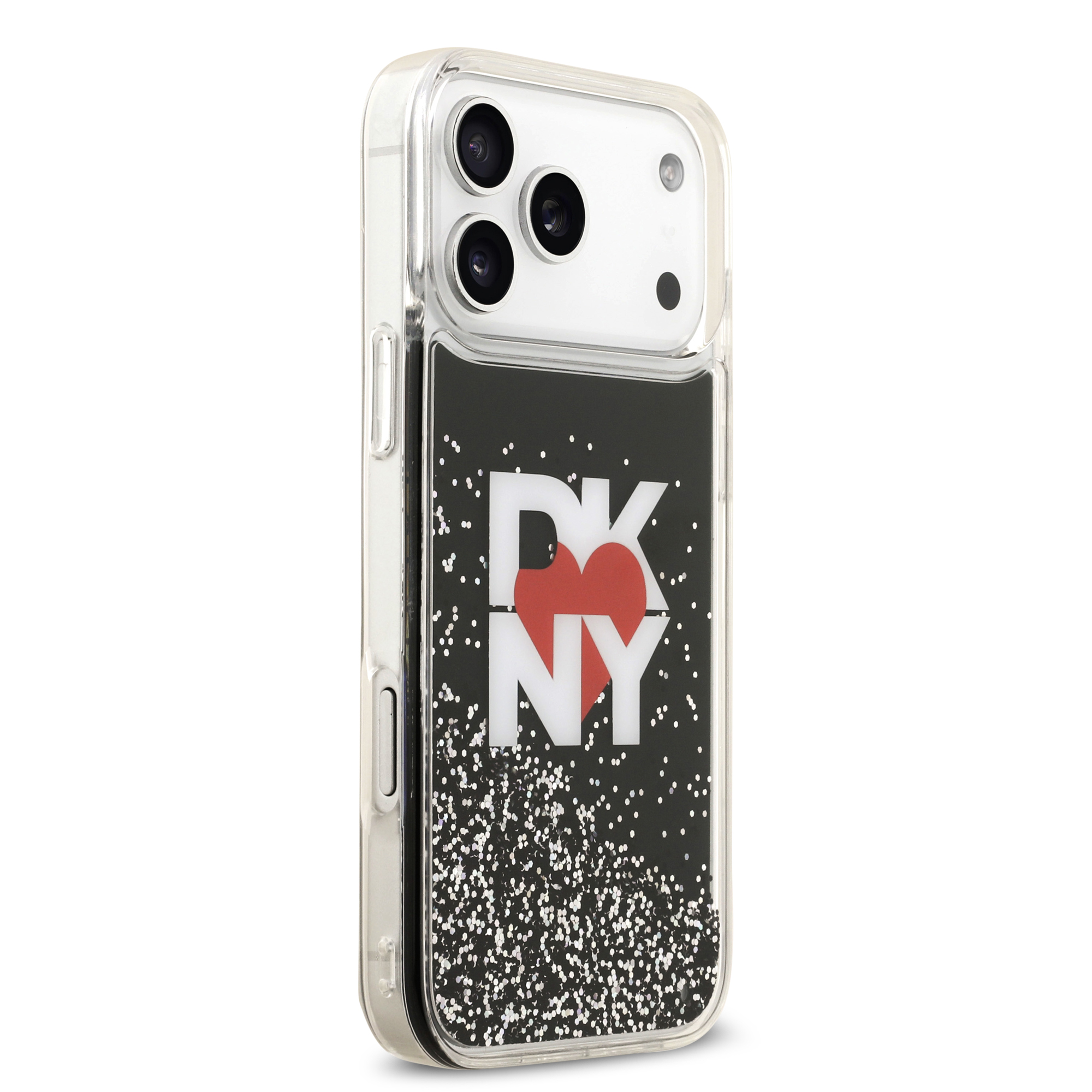 iPhone 17 Pro Max - DKNY Liquid Glitter With Printed Heart Of NY Logo Black — estuche (foto 4 de 5)