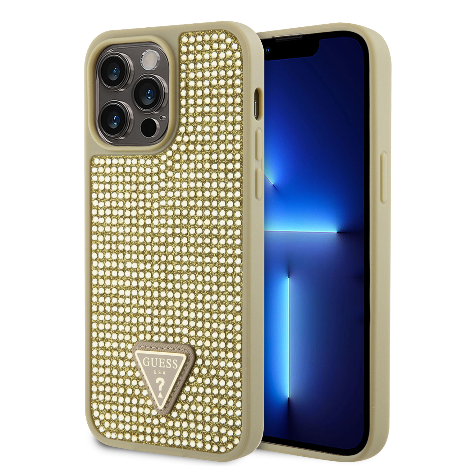 iPhone 15 Pro Max - GUESS PC/TPU Gold Hard Case Rhinestone Triangle
