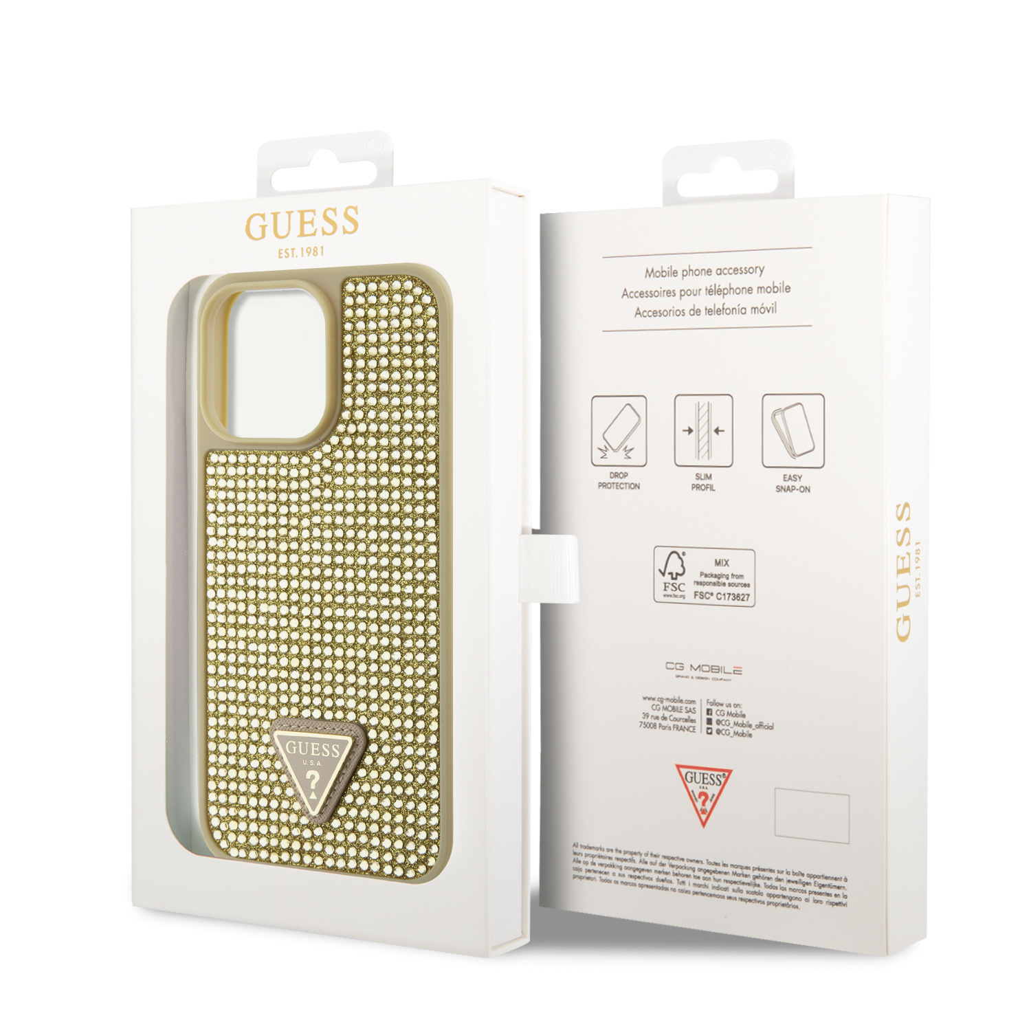iPhone 15 Pro Max - GUESS PC/TPU Gold Hard Case Rhinestone Triangle — estuche (foto 2 de 5)