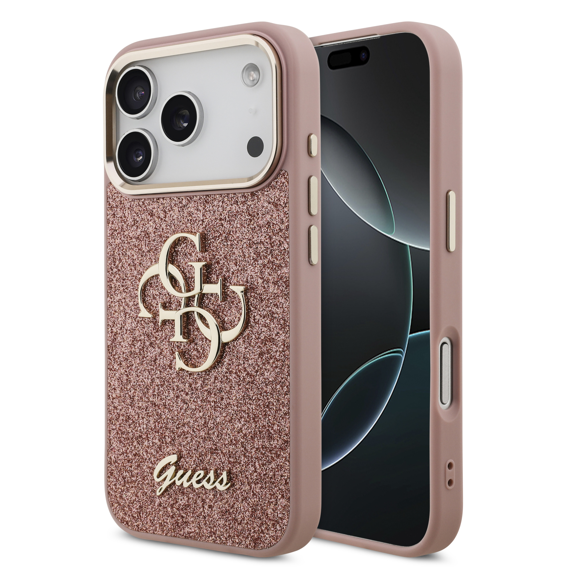 iPhone 17 Pro - GUESS Fixed Glitter Big Metal Frame Pink — estuche (foto 2 de 8)