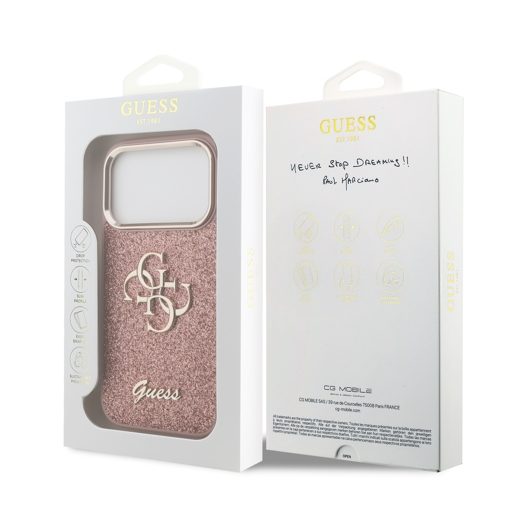 iPhone 17 Pro - GUESS Fixed Glitter Big Metal Frame Pink — estuche (foto 8 de 8)