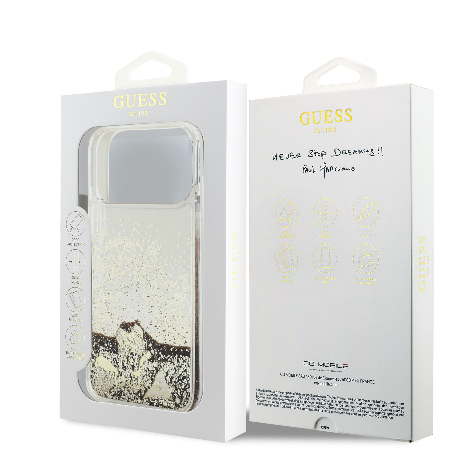 iPhone 17 Pro Max - GUESS Liquid Glitter 4 Charms Gold — estuche (foto 8 de 8)
