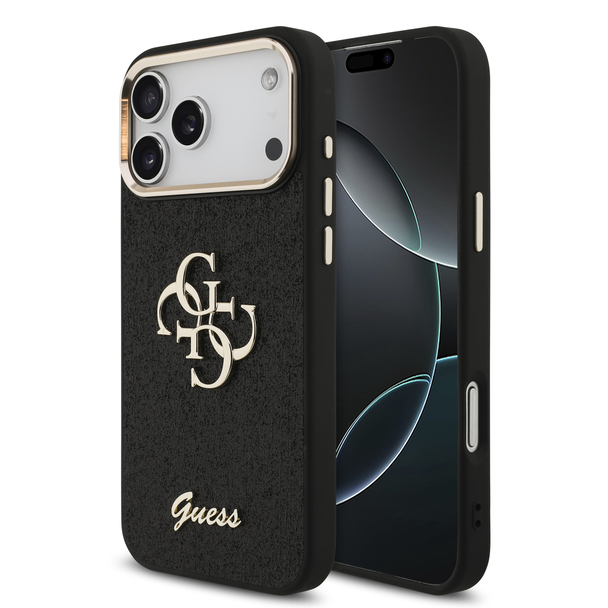 iPhone 17 Pro Max - GUESS Fixed Glitter Big 4G Metal Frame Black — estuche (foto 2 de 8)