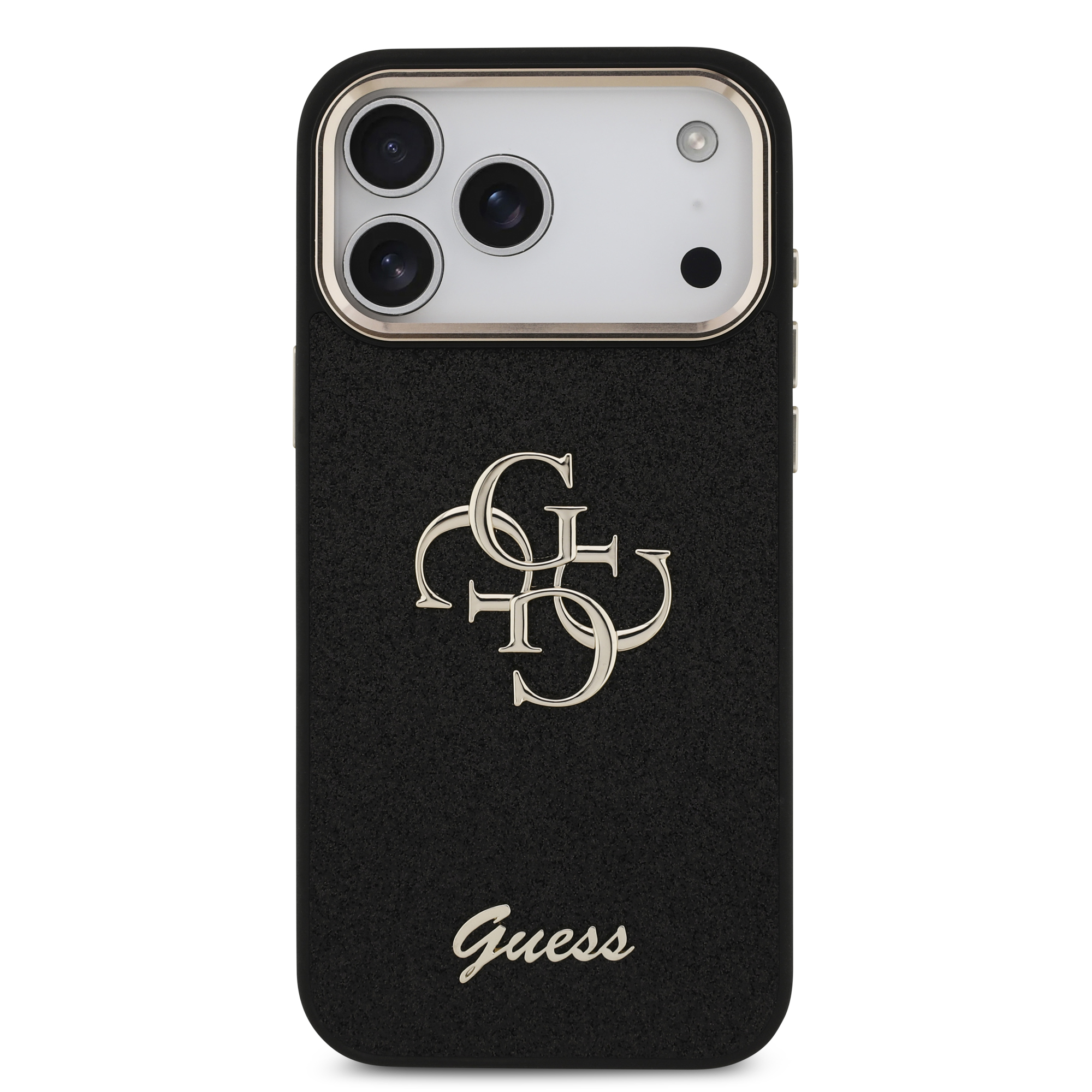 iPhone 17 Pro Max - GUESS Fixed Glitter Big 4G Metal Frame Black — estuche