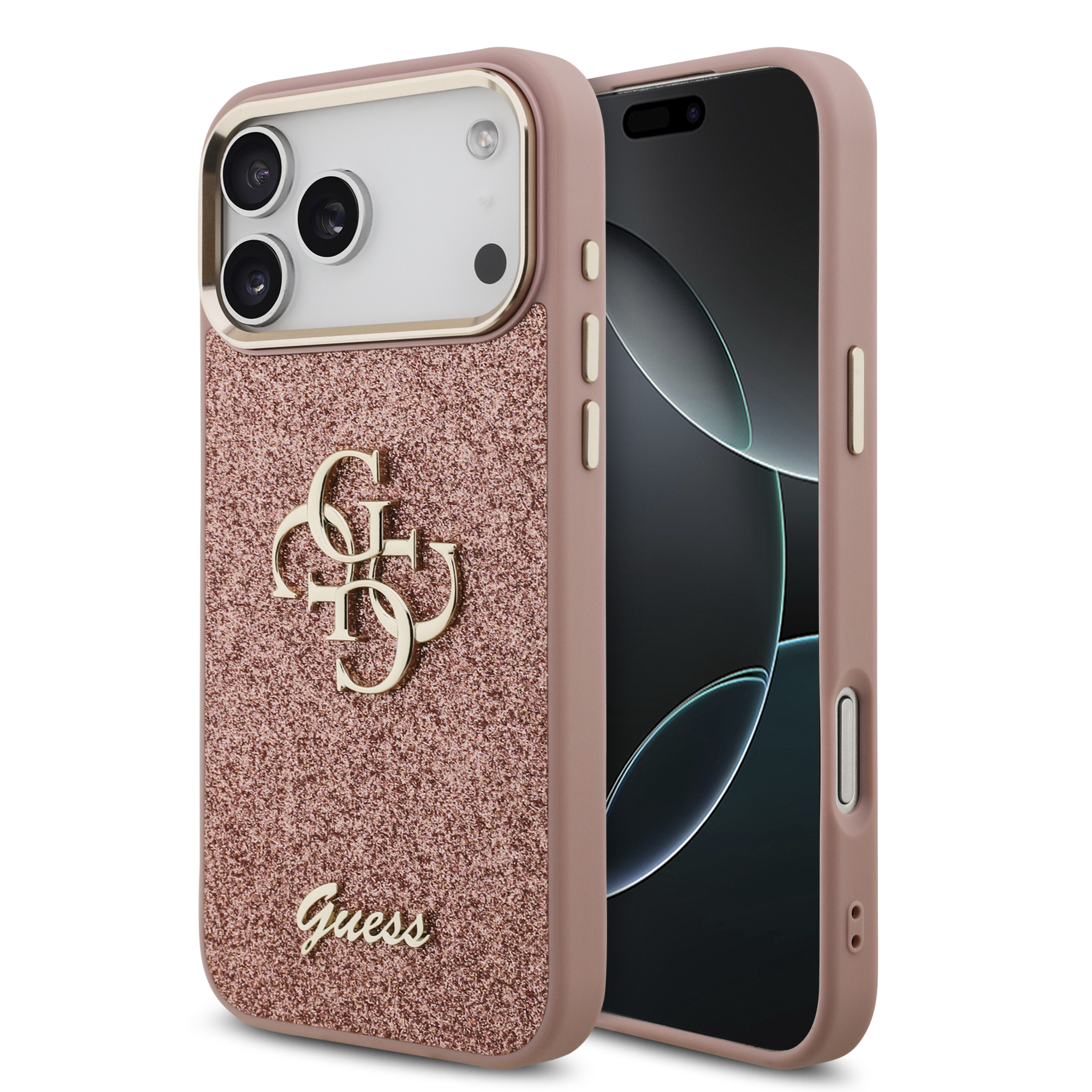 iPhone 17 Pro Max - GUESS Fixed Glitter Big 4G Metal Frame Pink — estuche (foto 2 de 8)