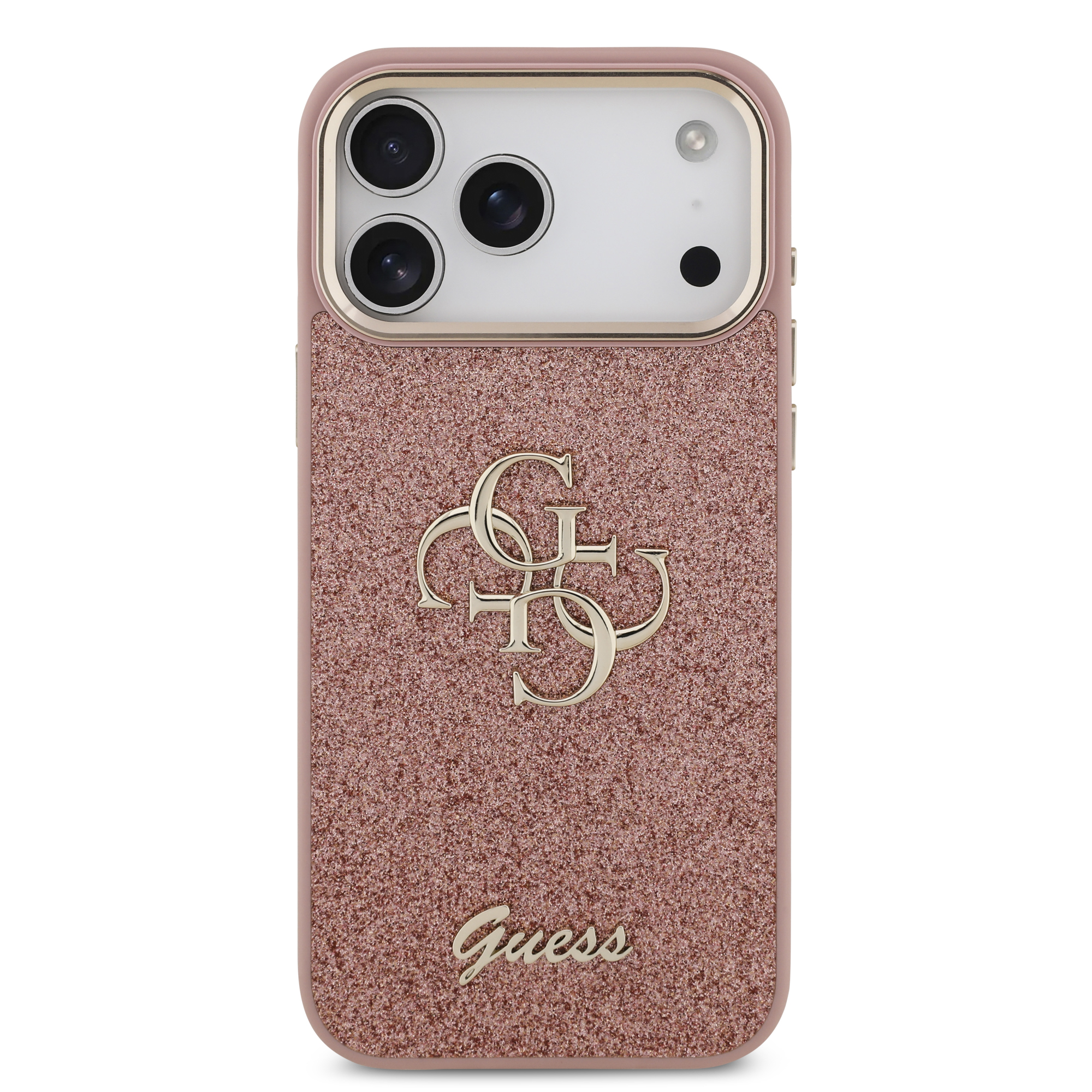 iPhone 17 Pro Max - GUESS Fixed Glitter Big 4G Metal Frame Pink — estuche
