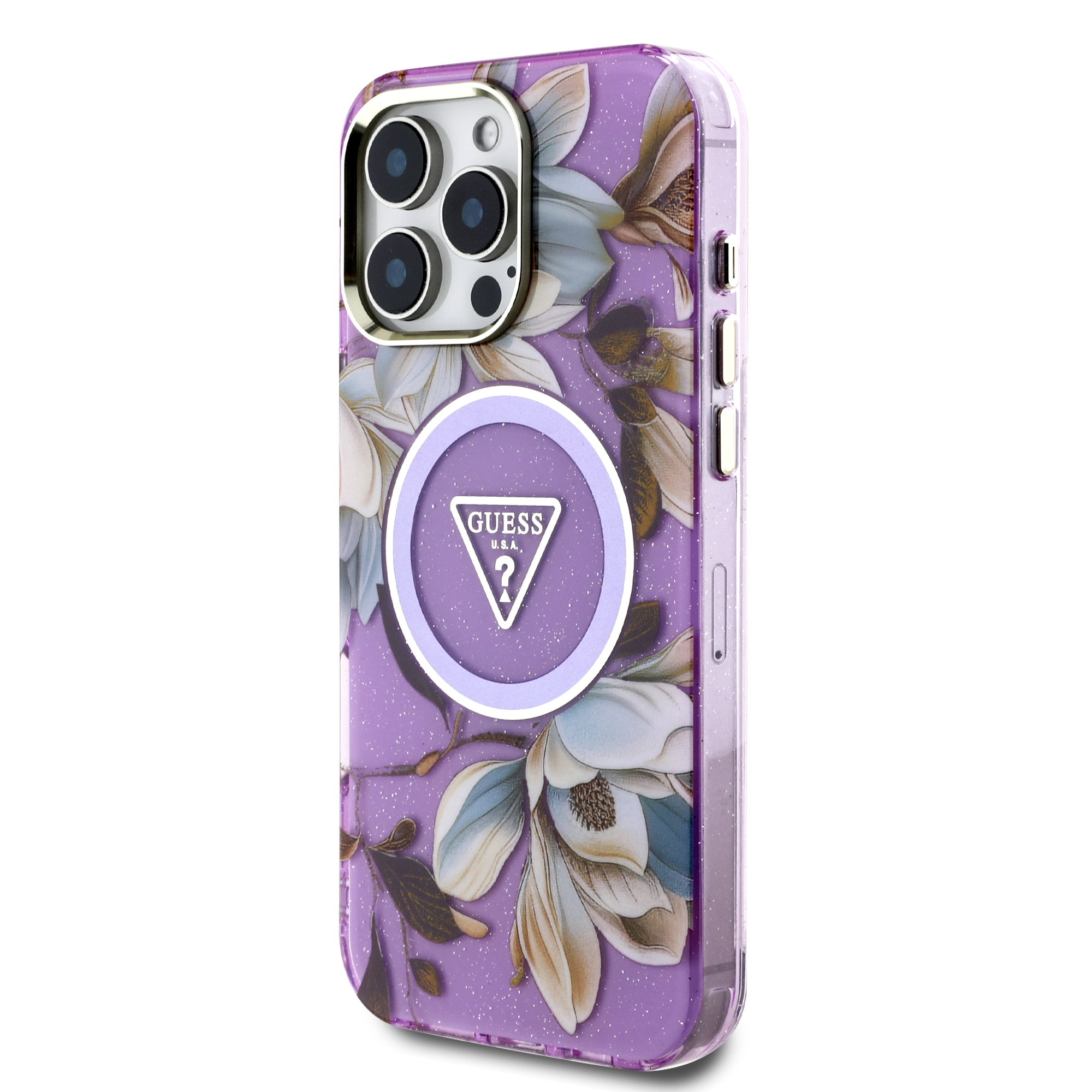 iPhone 16 Pro - GUESS Glitter Flower With MagSafe Purple — estuche (foto 2 de 5)