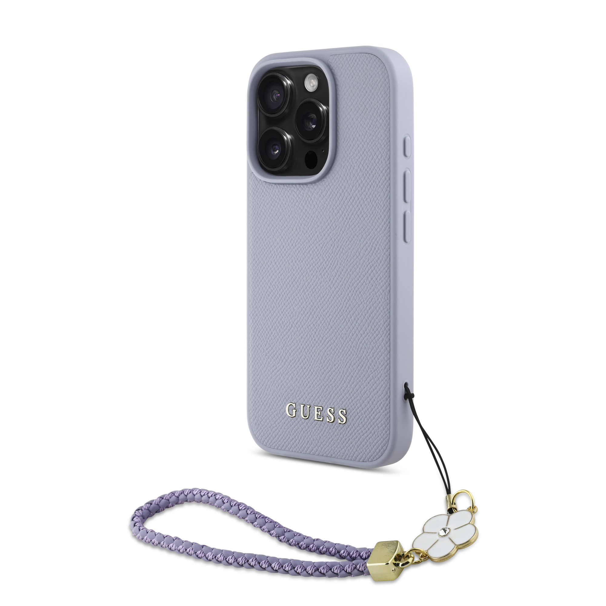 iPhone 16 Pro - GUESS Hard Case MagSafe Grained PU Flower Charm Strap Purple — estuche (foto 2 de 5)