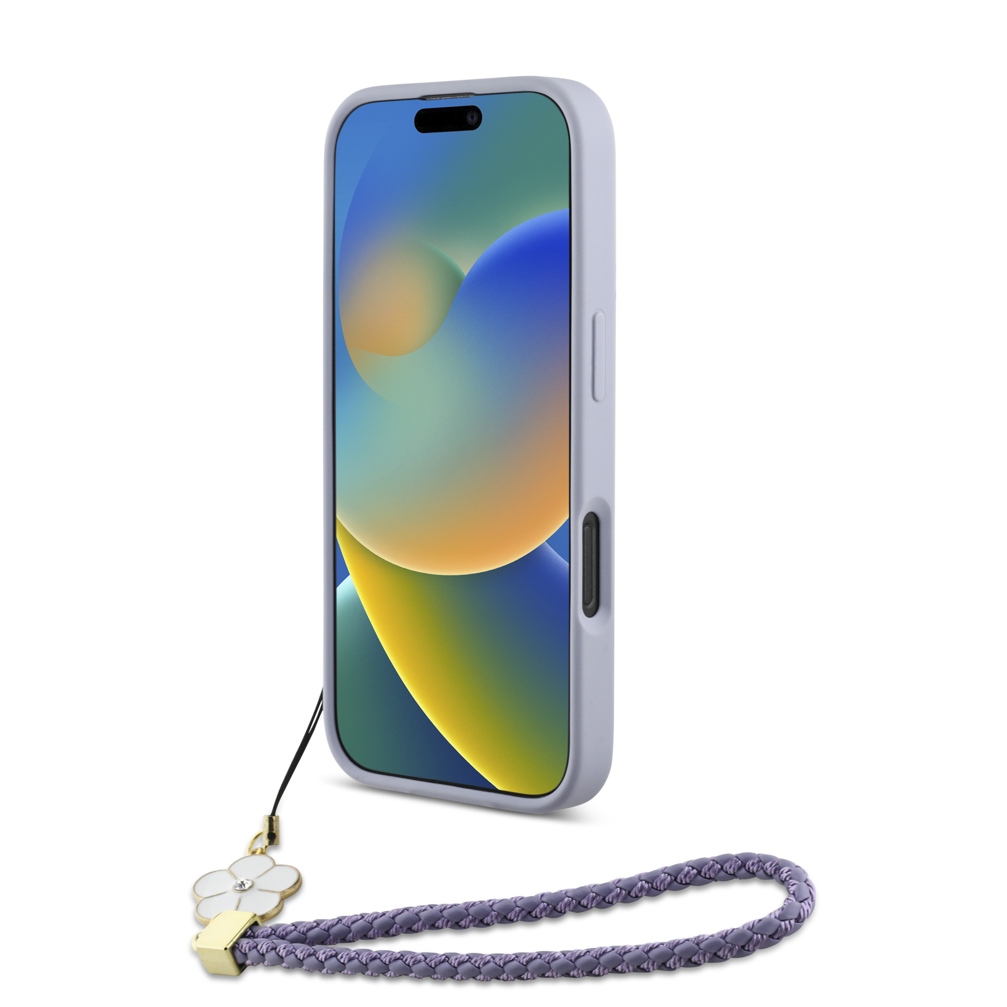 iPhone 16 Pro - GUESS Hard Case MagSafe Grained PU Flower Charm Strap Purple — estuche (foto 5 de 5)