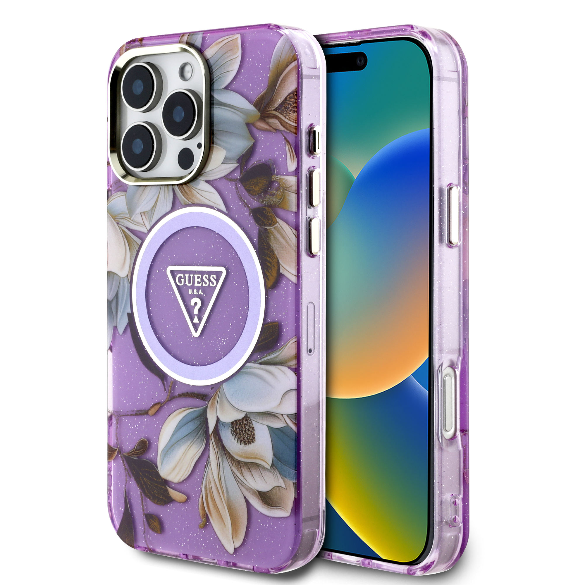 iPhone 16 Pro Max - GUESS Glitter Flower With MagSafe Purple — estuche