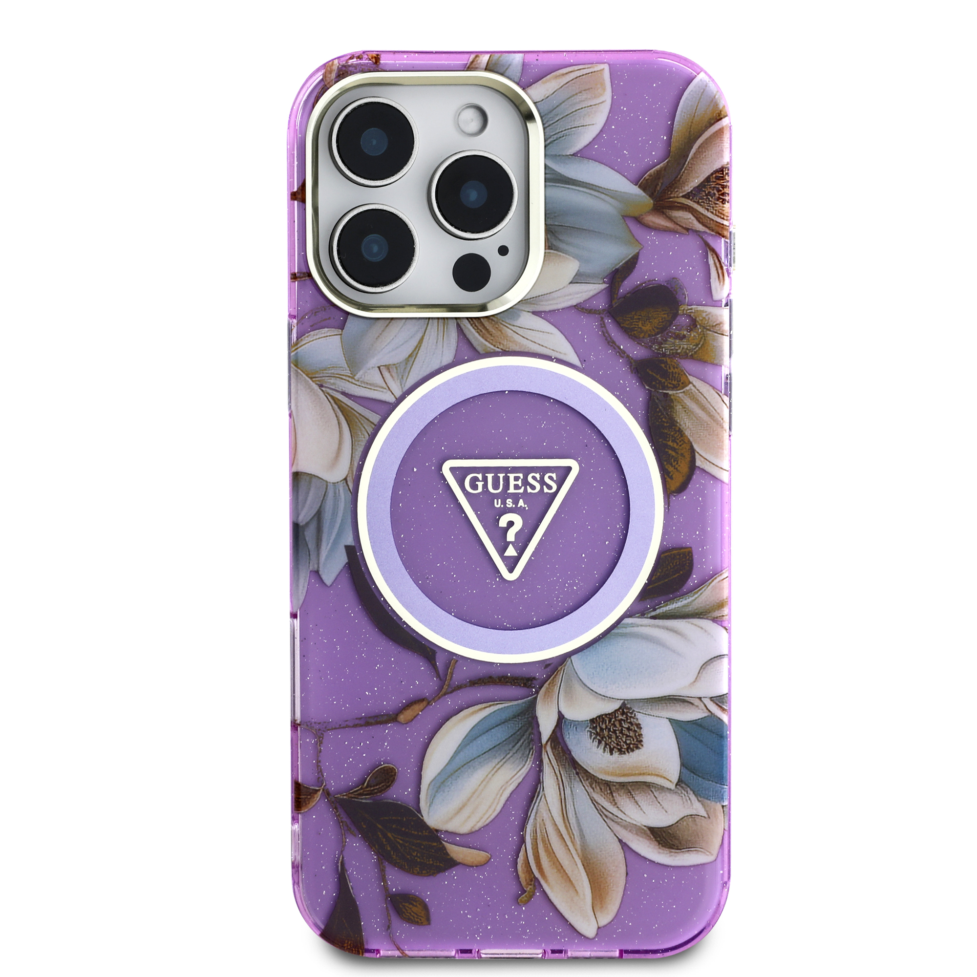 iPhone 16 Pro Max - GUESS Glitter Flower With MagSafe Purple — estuche (foto 3 de 5)