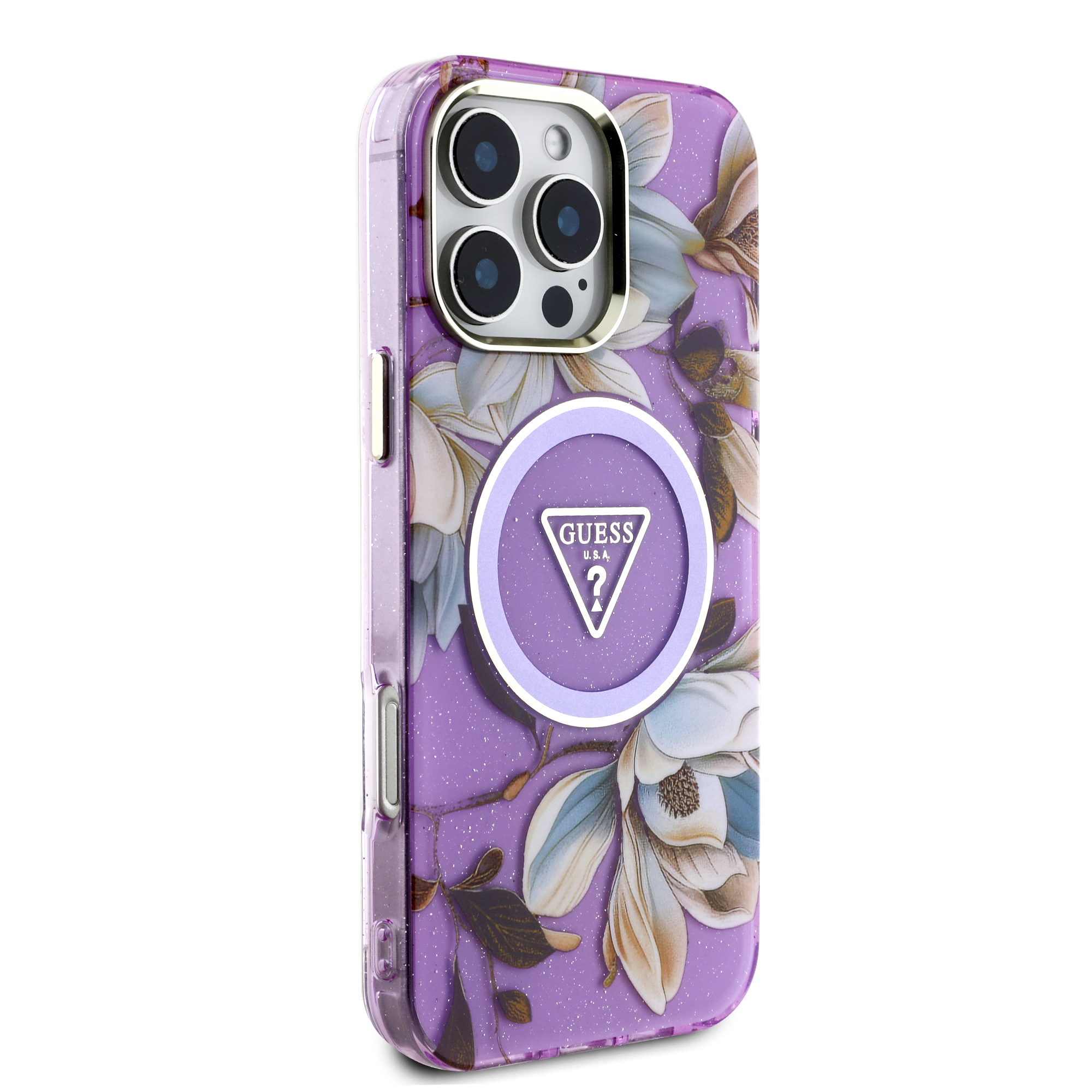 iPhone 16 Pro Max - GUESS Glitter Flower With MagSafe Purple — estuche (foto 4 de 5)