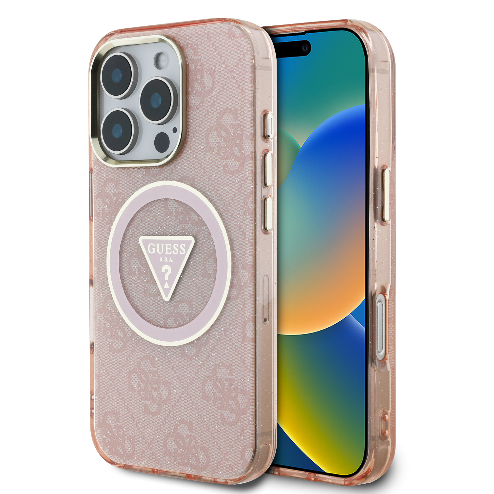 iPhone 16 Pro Max - GUESS Glitter Triangle Pink — estuche (foto 2 de 8)