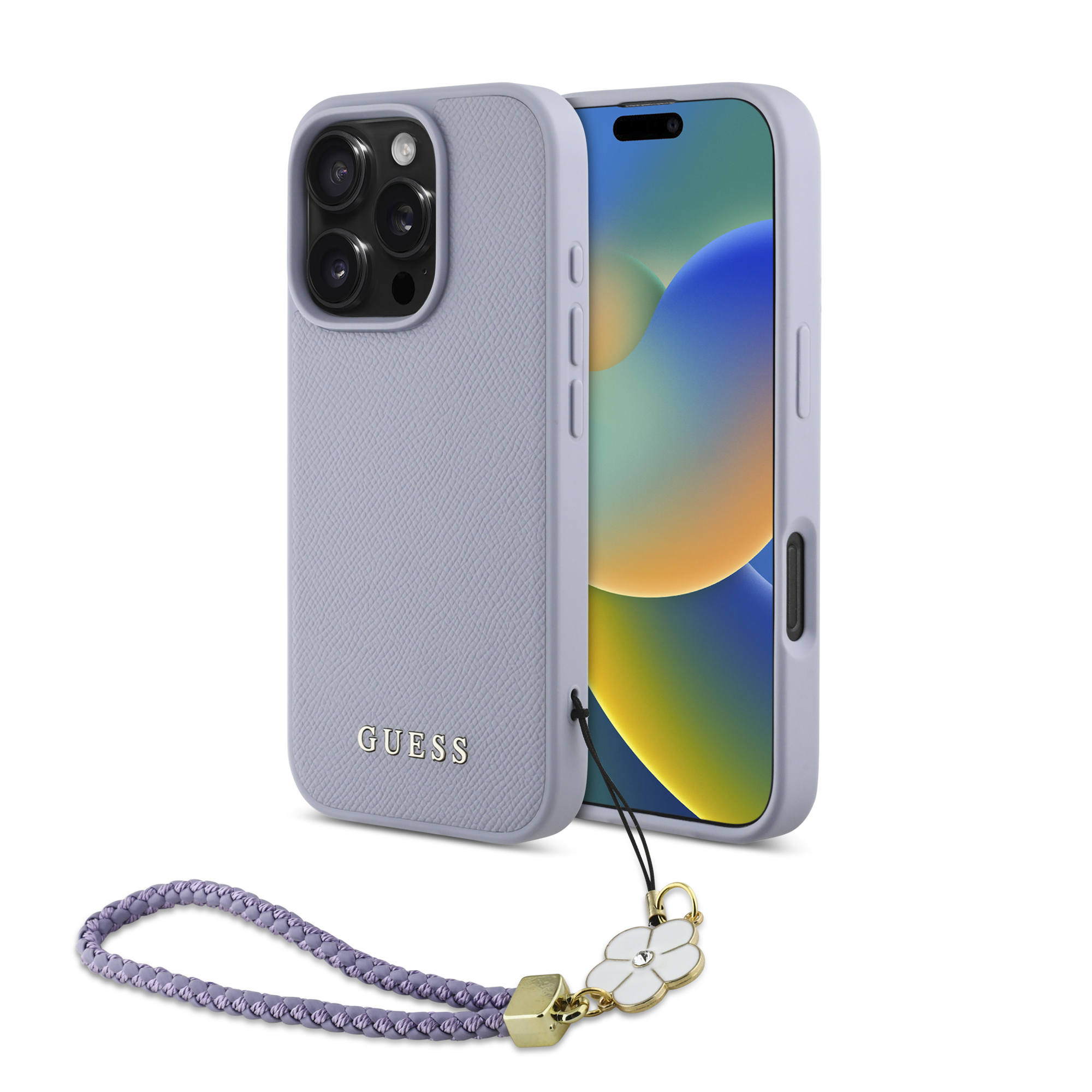 iPhone 16 Pro Max - GUESS Hard Case MagSafe Grained PU Flower Charm Strap Purple — estuche