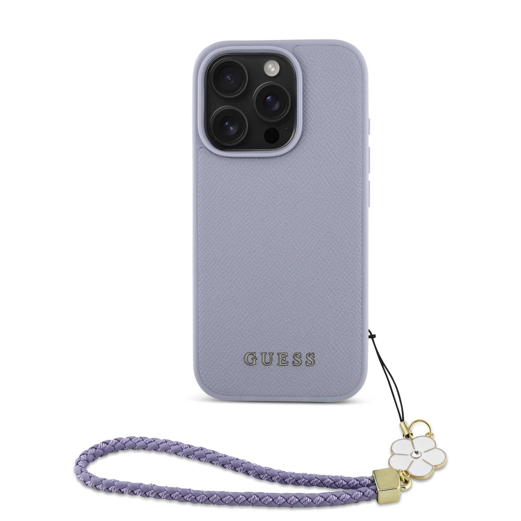 iPhone 16 Pro Max - GUESS Hard Case MagSafe Grained PU Flower Charm Strap Purple — estuche (foto 3 de 5)