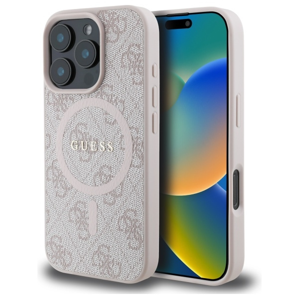 iPhone 16 Pro Max - GUESS PU Grained Gold Ring Pink — estuche