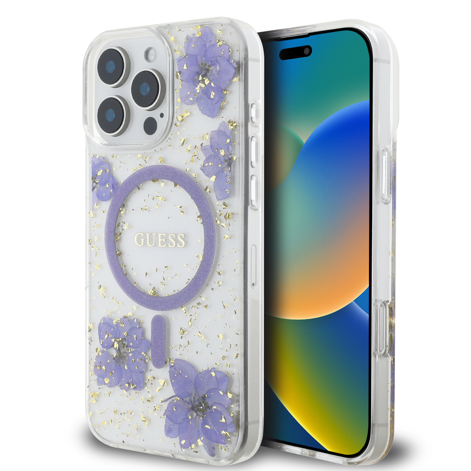 iPhone 16 Pro Max - GUESS PC/TPU Purple Hard Case MagSafe Resin Flower — estuche (foto 2 de 8)