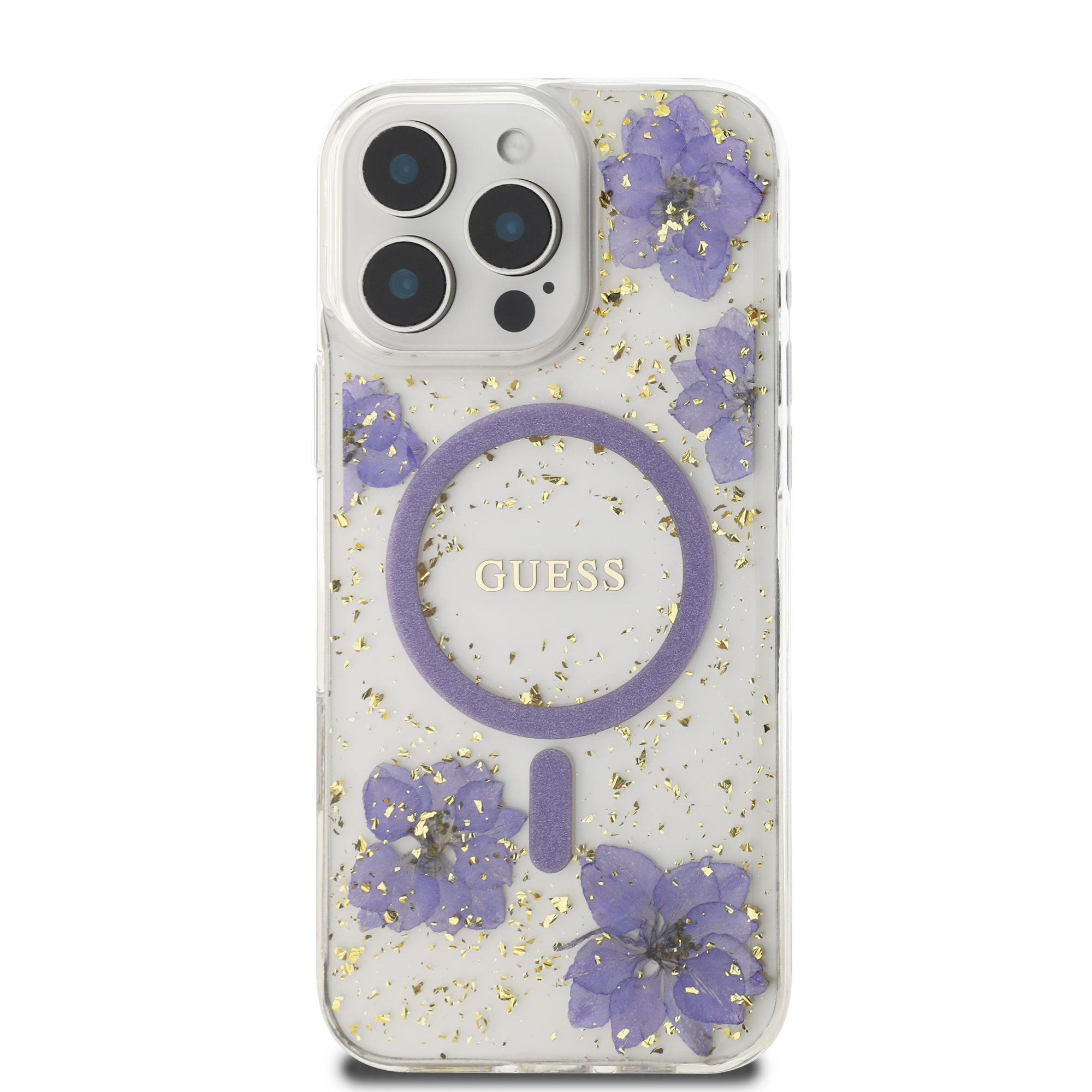 iPhone 16 Pro Max - GUESS PC/TPU Purple Hard Case MagSafe Resin Flower