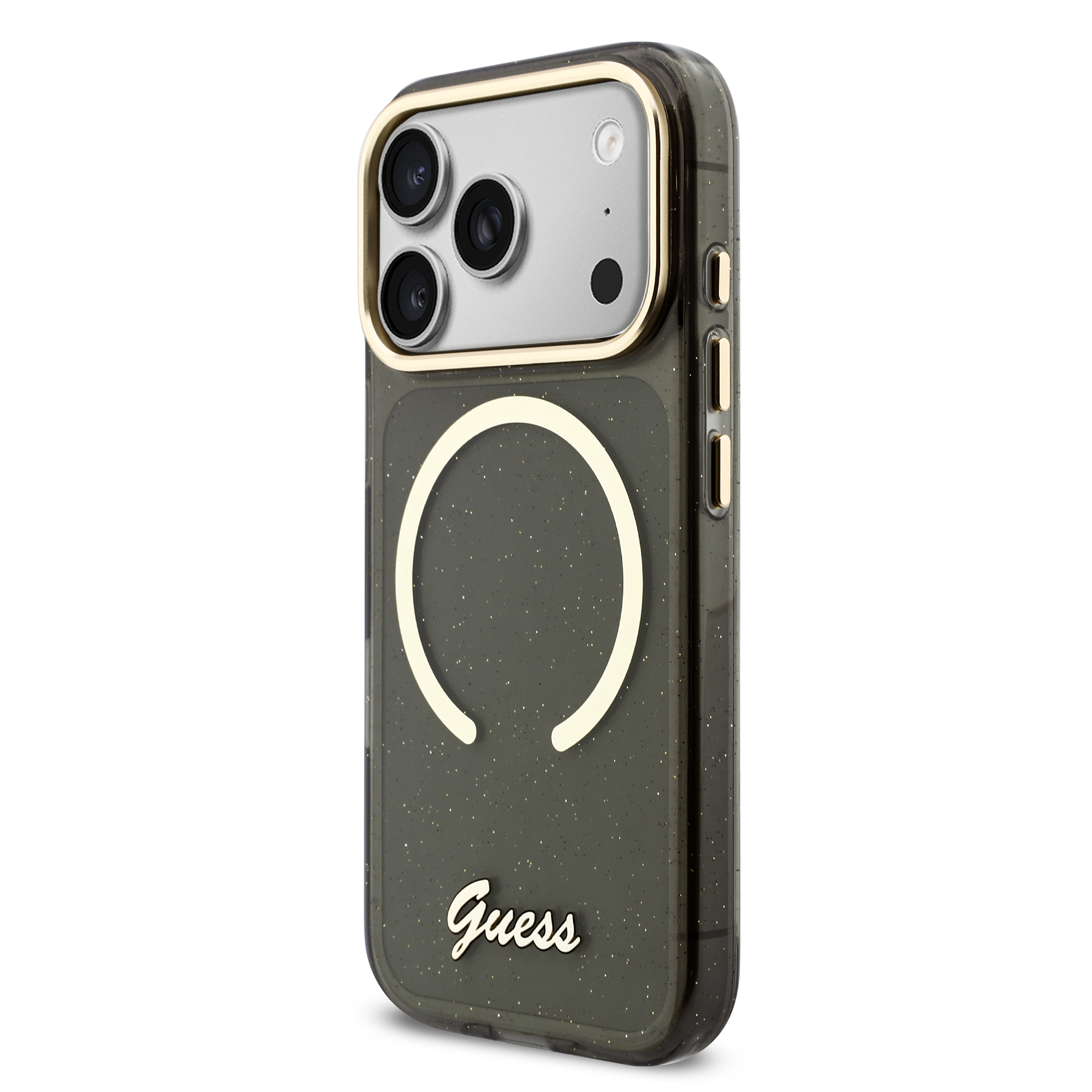 iPhone 17 Pro - GUESS Glitters Script Strap Black — estuche