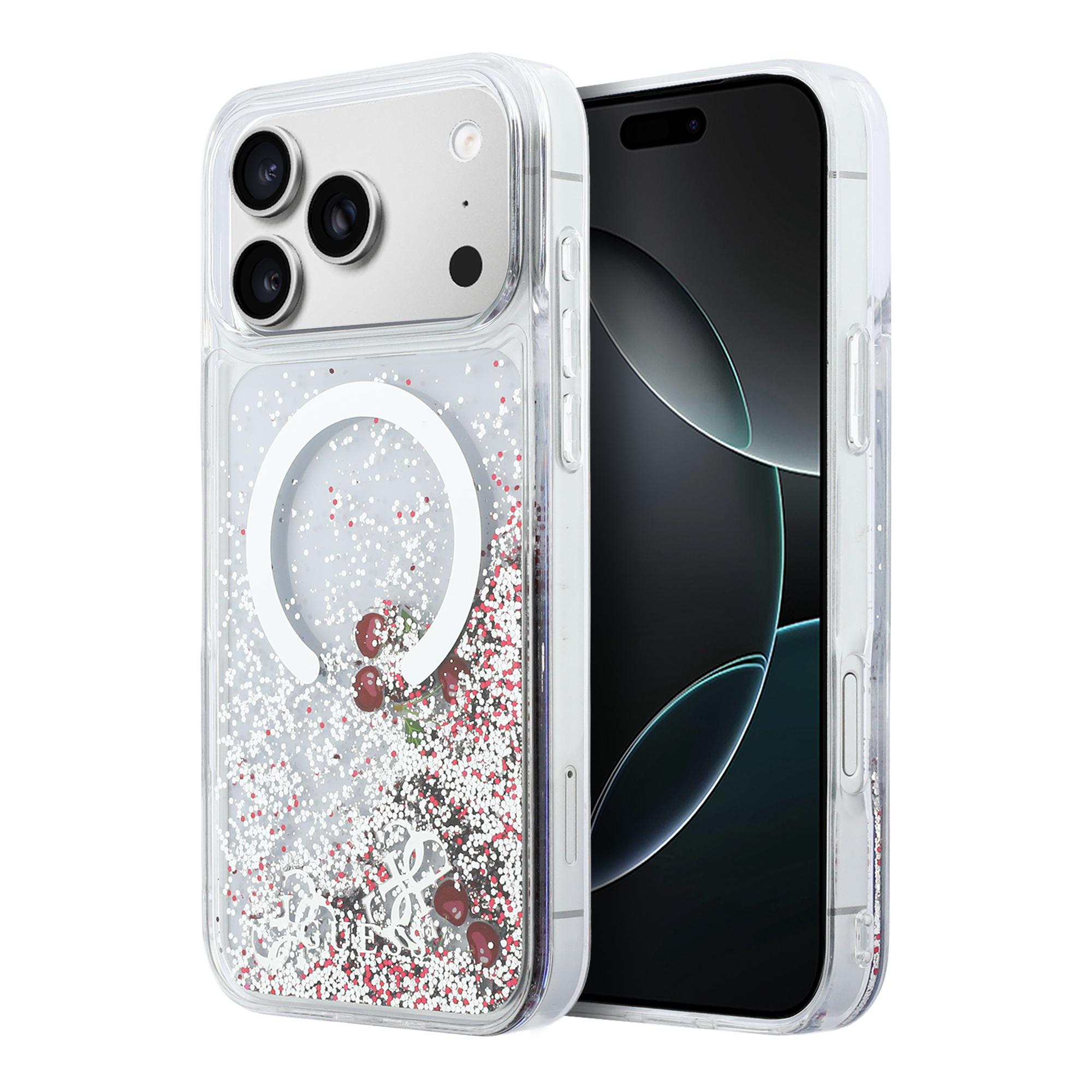 iPhone 17 Pro Max - GUESS Liquid Glitter With Cherries Silver — estuche (foto 2 de 8)