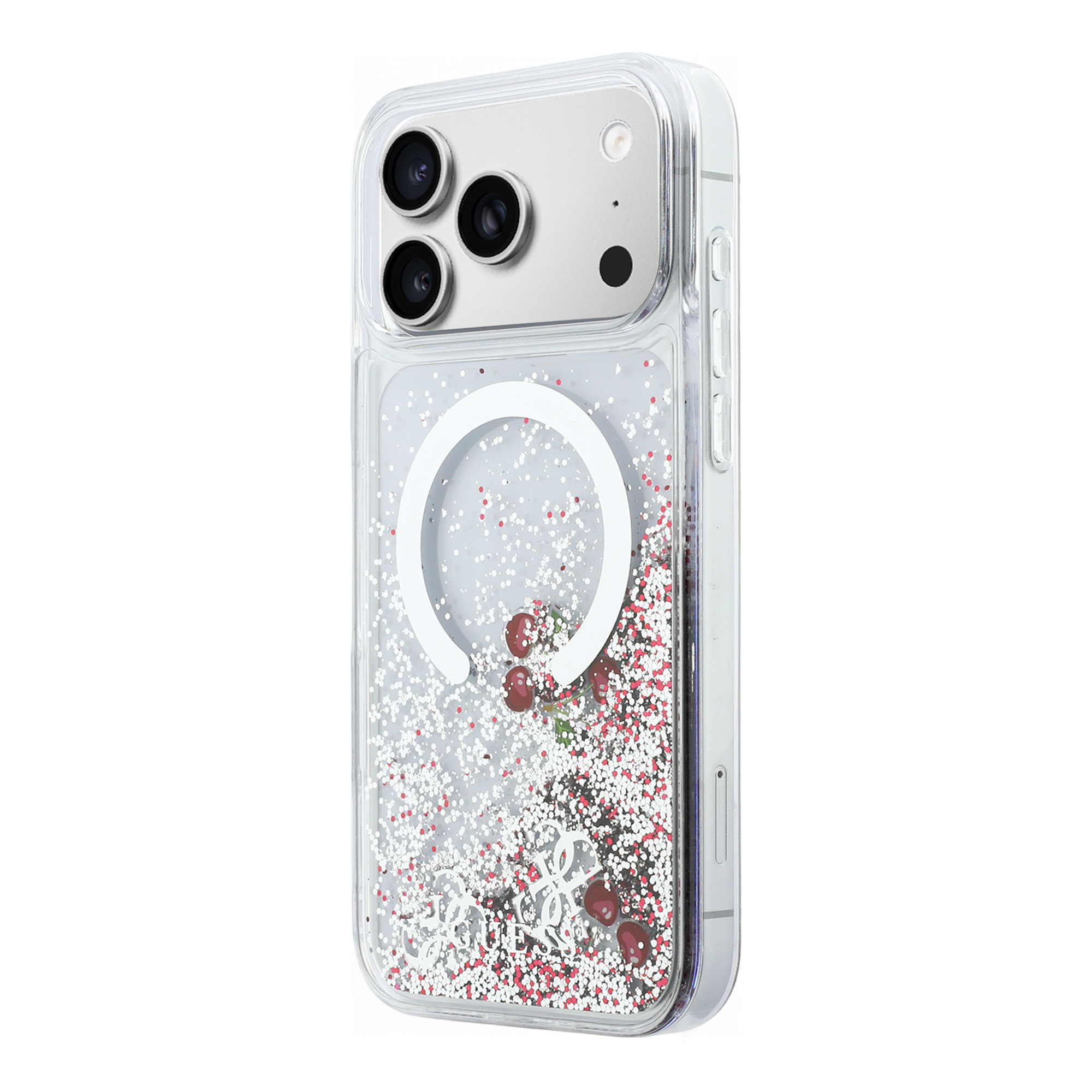 iPhone 17 Pro Max - GUESS Liquid Glitter With Cherries Silver — estuche (foto 3 de 8)