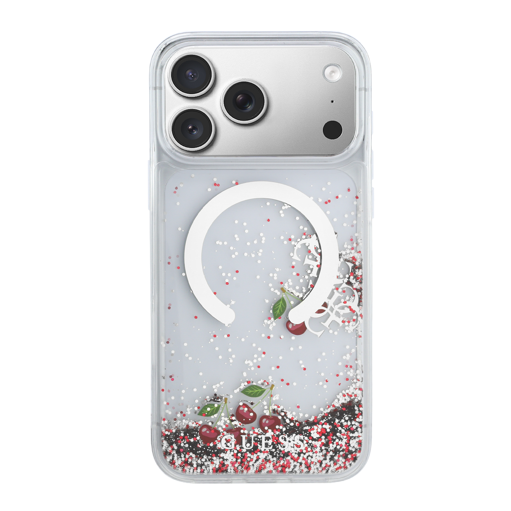 iPhone 17 Pro Max - GUESS Liquid Glitter With Cherries Silver — estuche